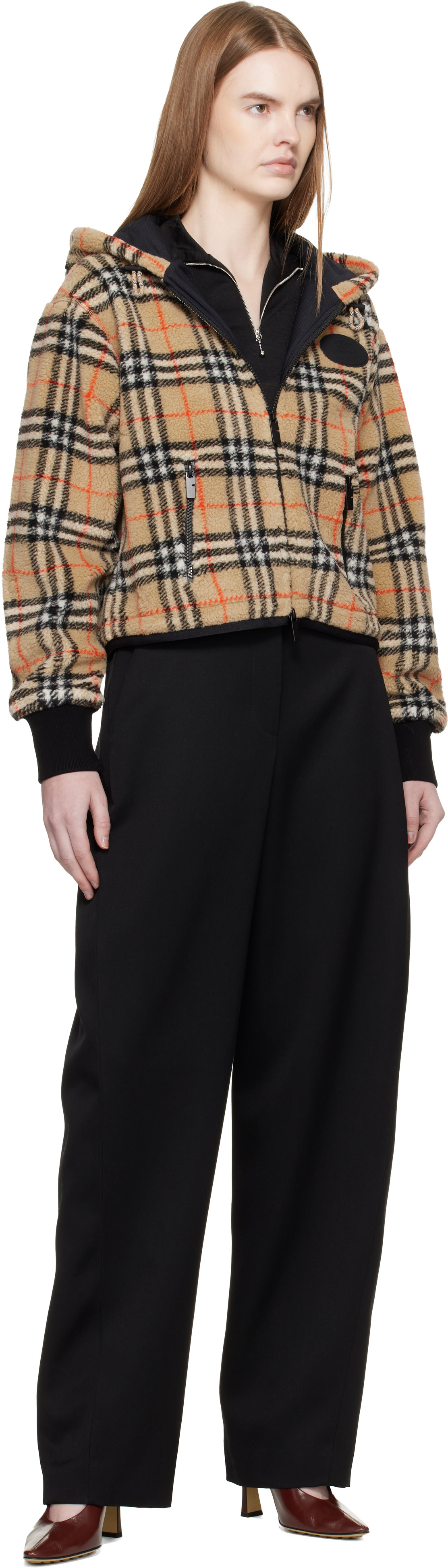Burberry: ベージュ クロップド チェック フリース フード付き