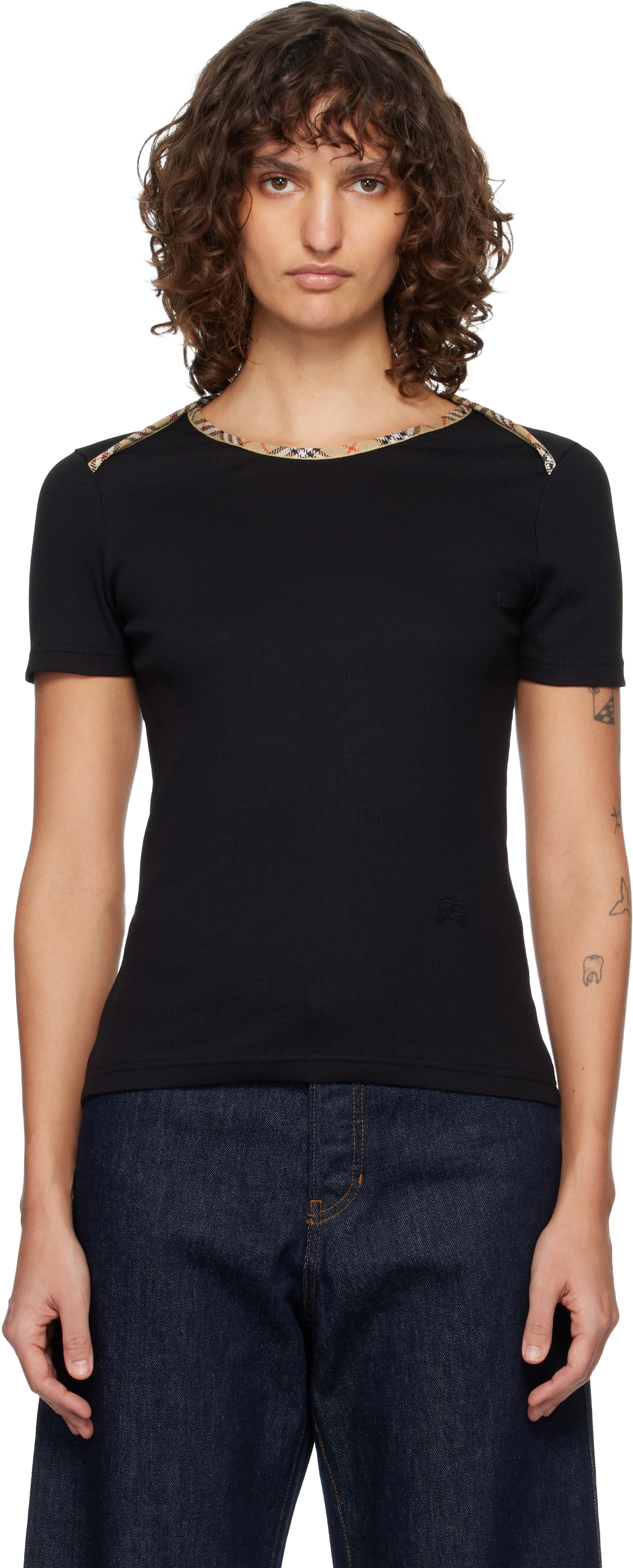 Burberry: Black Check Trim Stretch Cotton T-shirt | SSENSE