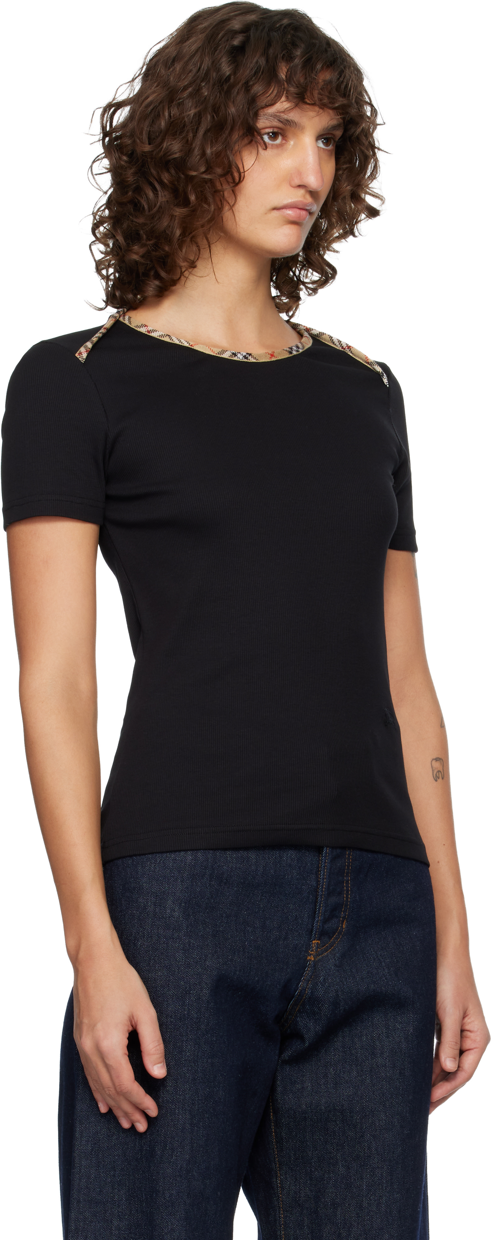 Burberry: Black Check Trim Stretch Cotton T-shirt | SSENSE