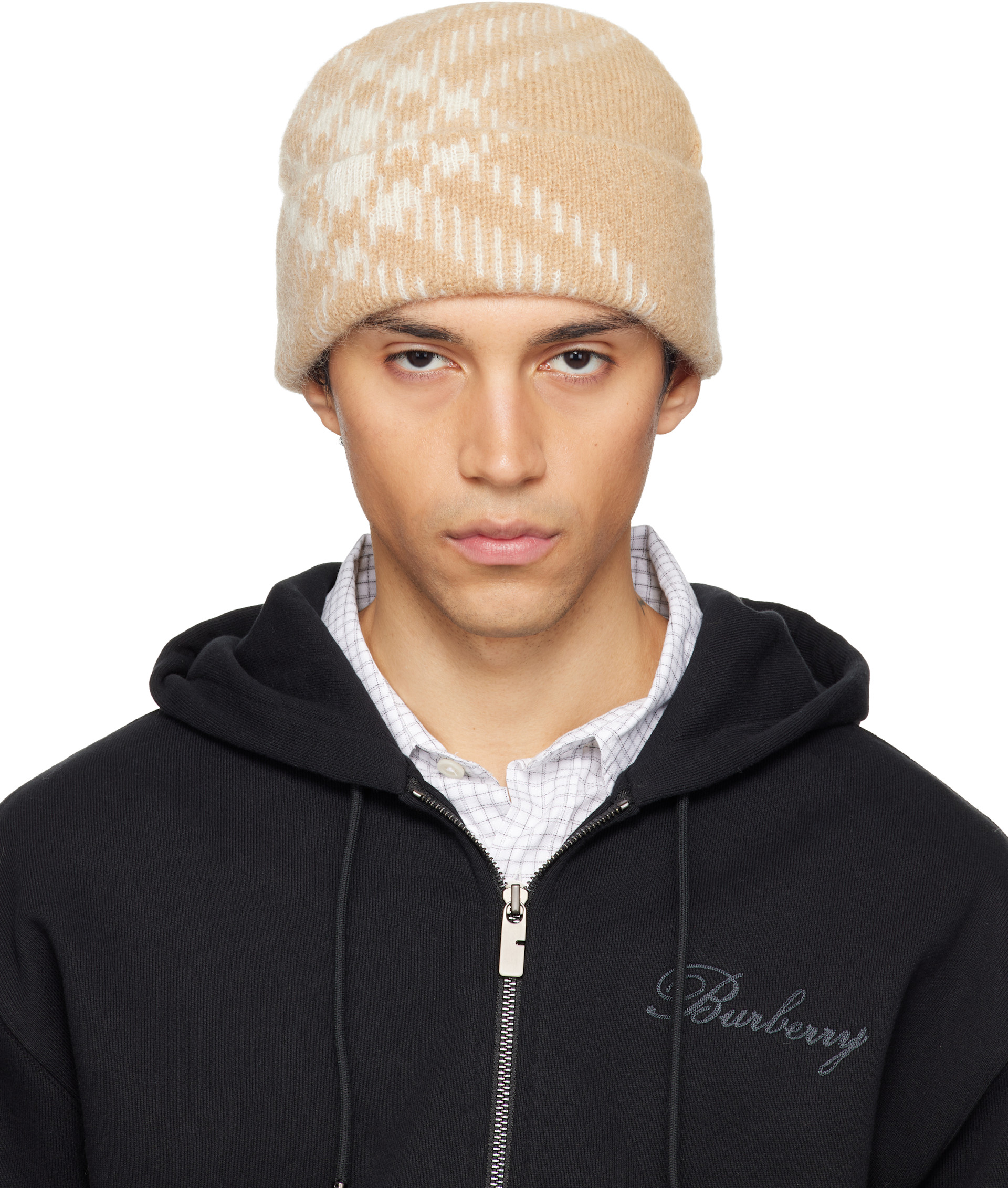 Burberry: Beige Check Mohair Wool Blend Beanie | SSENSE