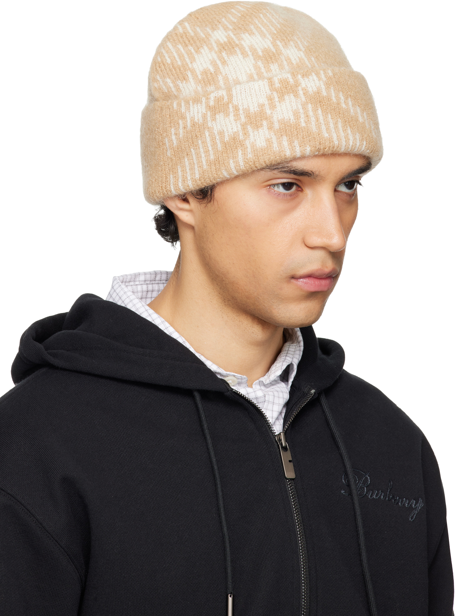 Burberry: Beige Check Mohair Wool Blend Beanie | SSENSE Canada