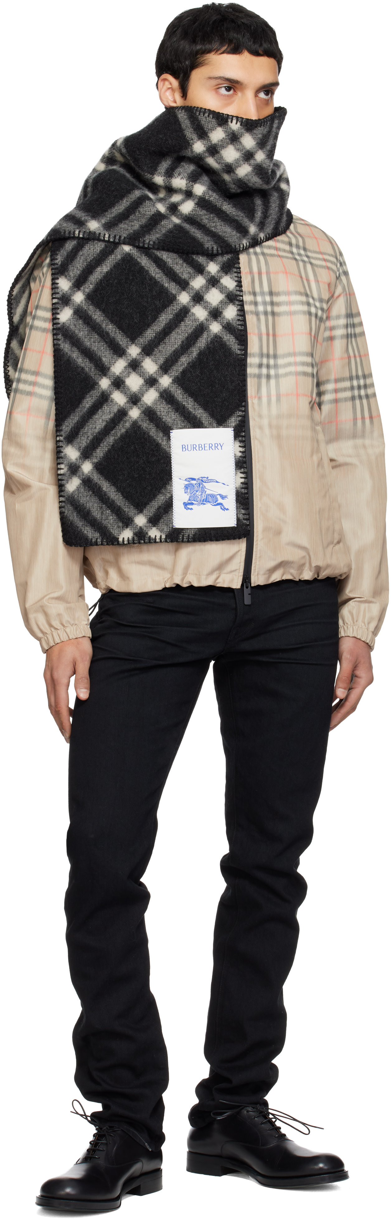Burberry: ブラック チェック ウール マフラー | SSENSE 日本