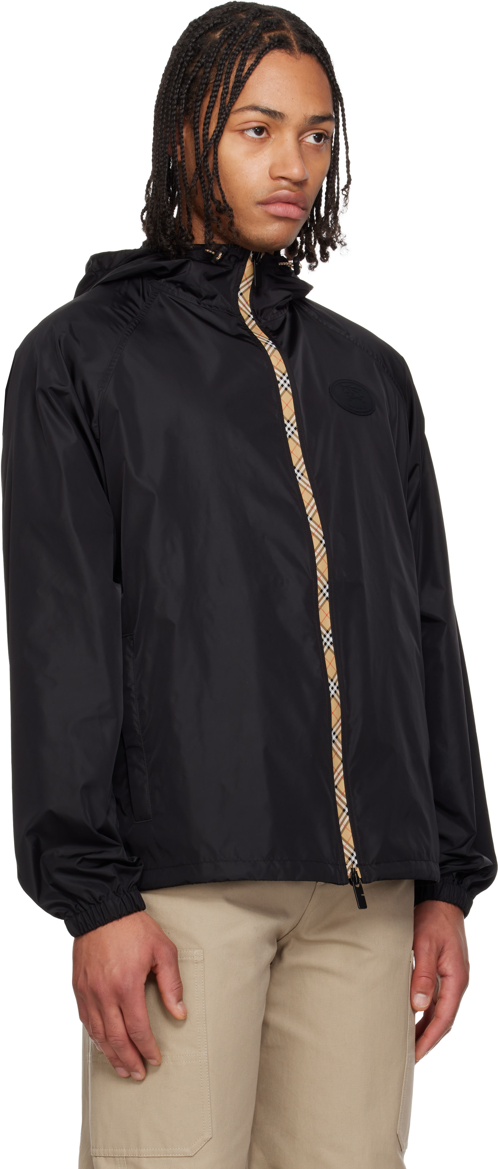 Burberry: Black Checker-Tape Nylon Hooded Jacket | SSENSE