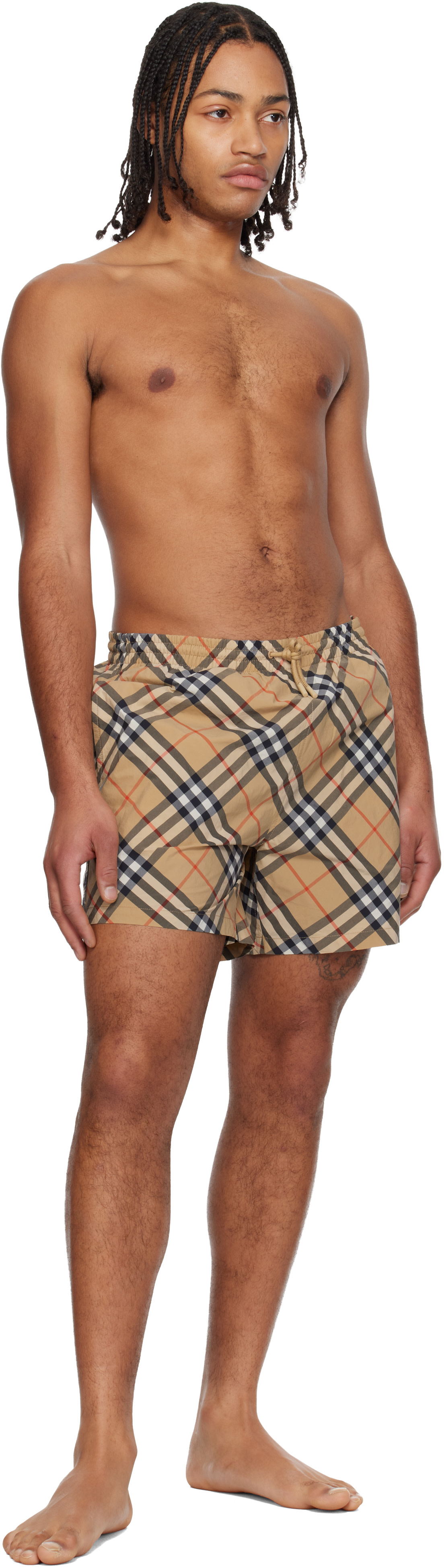 バーバリー　スイムウェア Burberry: Beige Check Swim Shorts | SSENSE