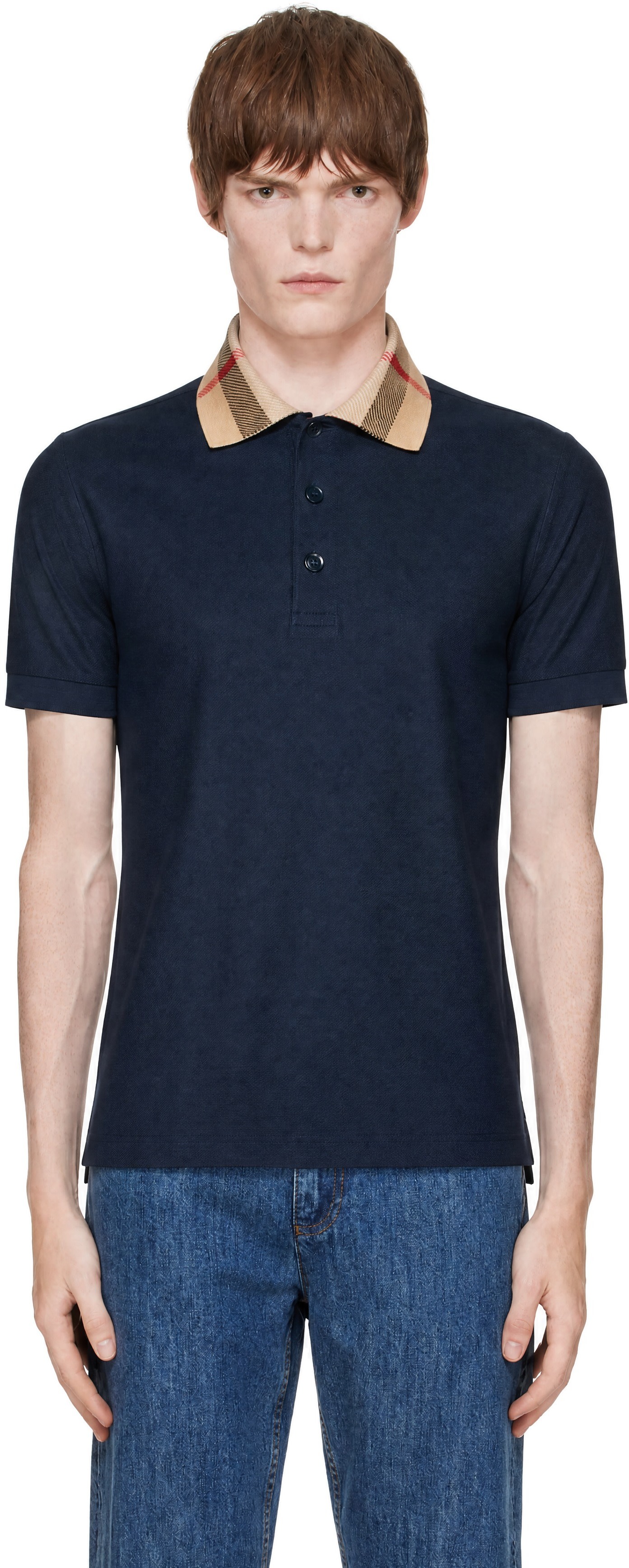 Burberry - Navy Check Collar Cotton Polo