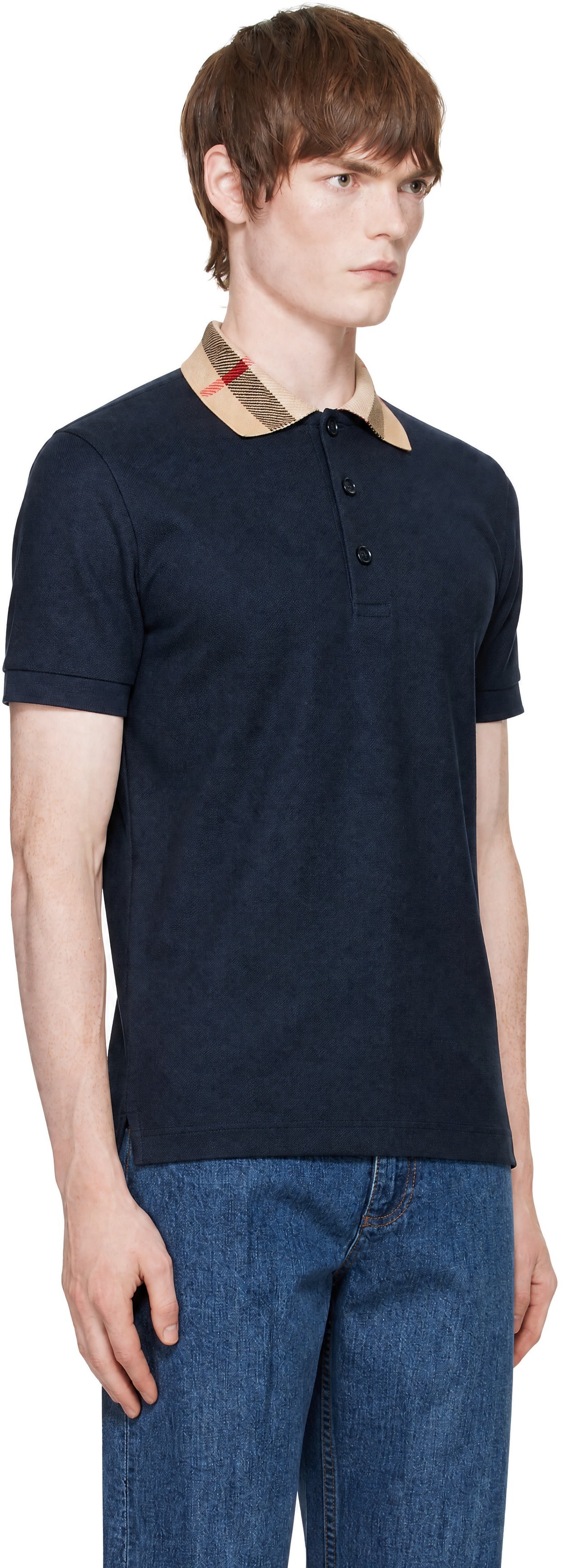 Burberry - Navy Check Collar Cotton Polo