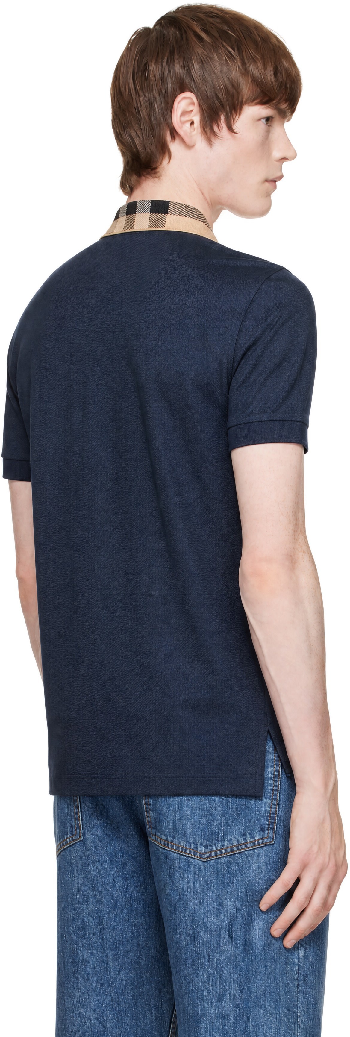 Burberry - Navy Check Collar Cotton Polo