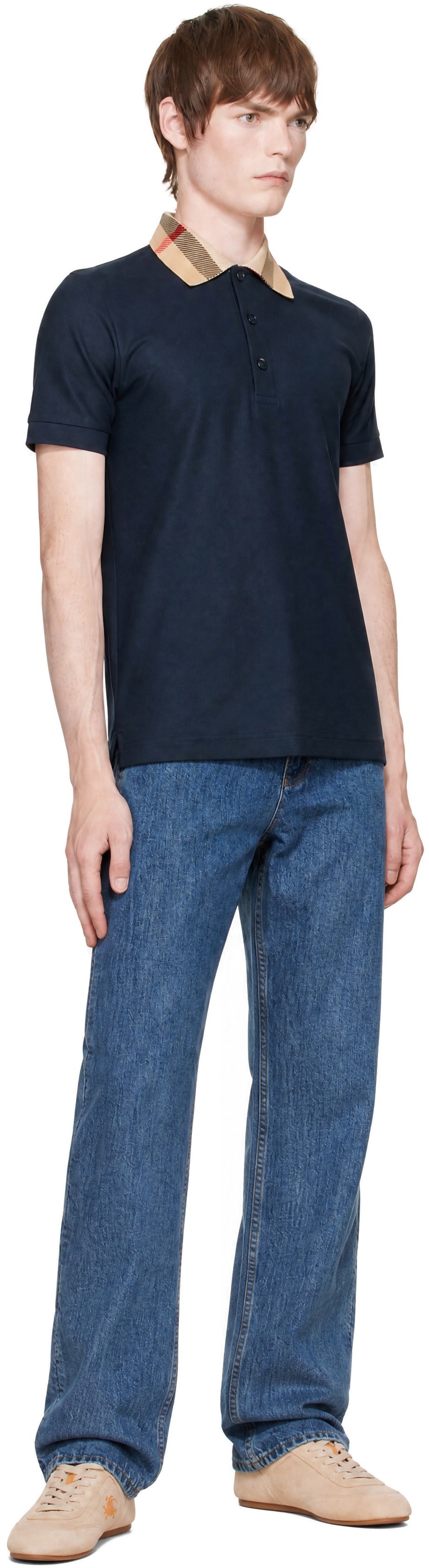 Burberry - Navy Check Collar Cotton Polo