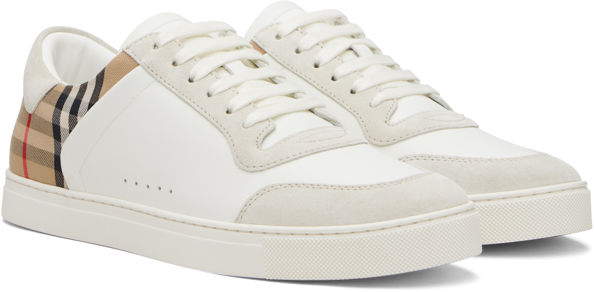 Burberry: White Suede & Check Sneakers | SSENSE