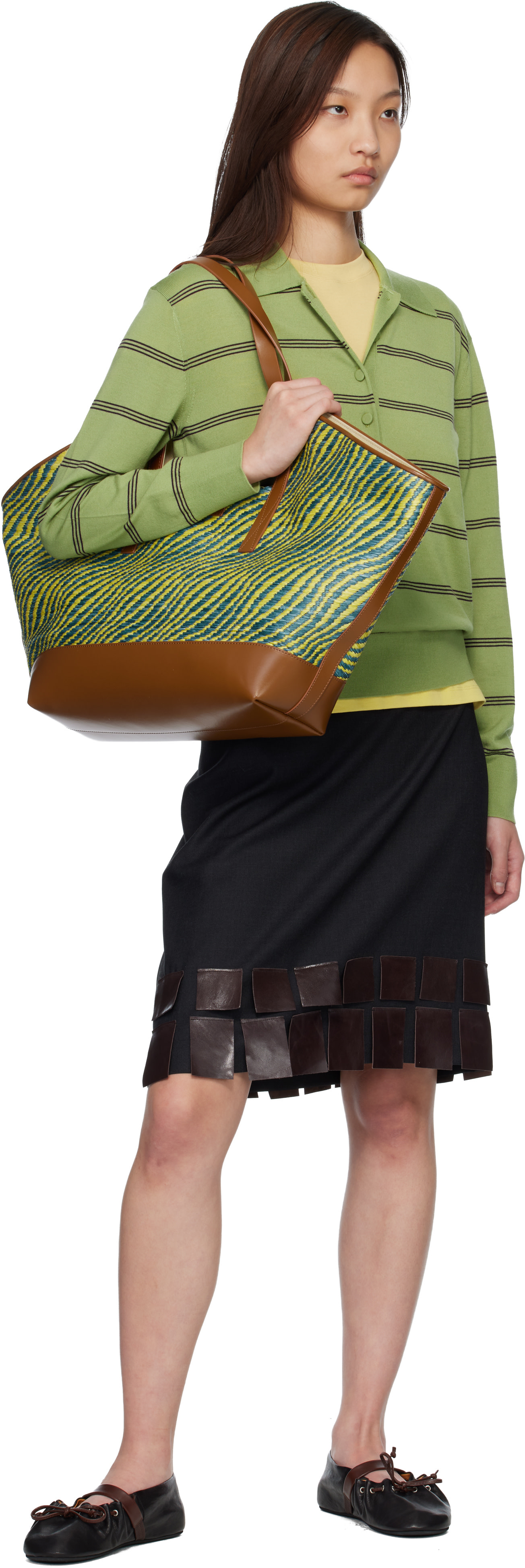 Marni - Cabas vert et bleu à motif ondulé