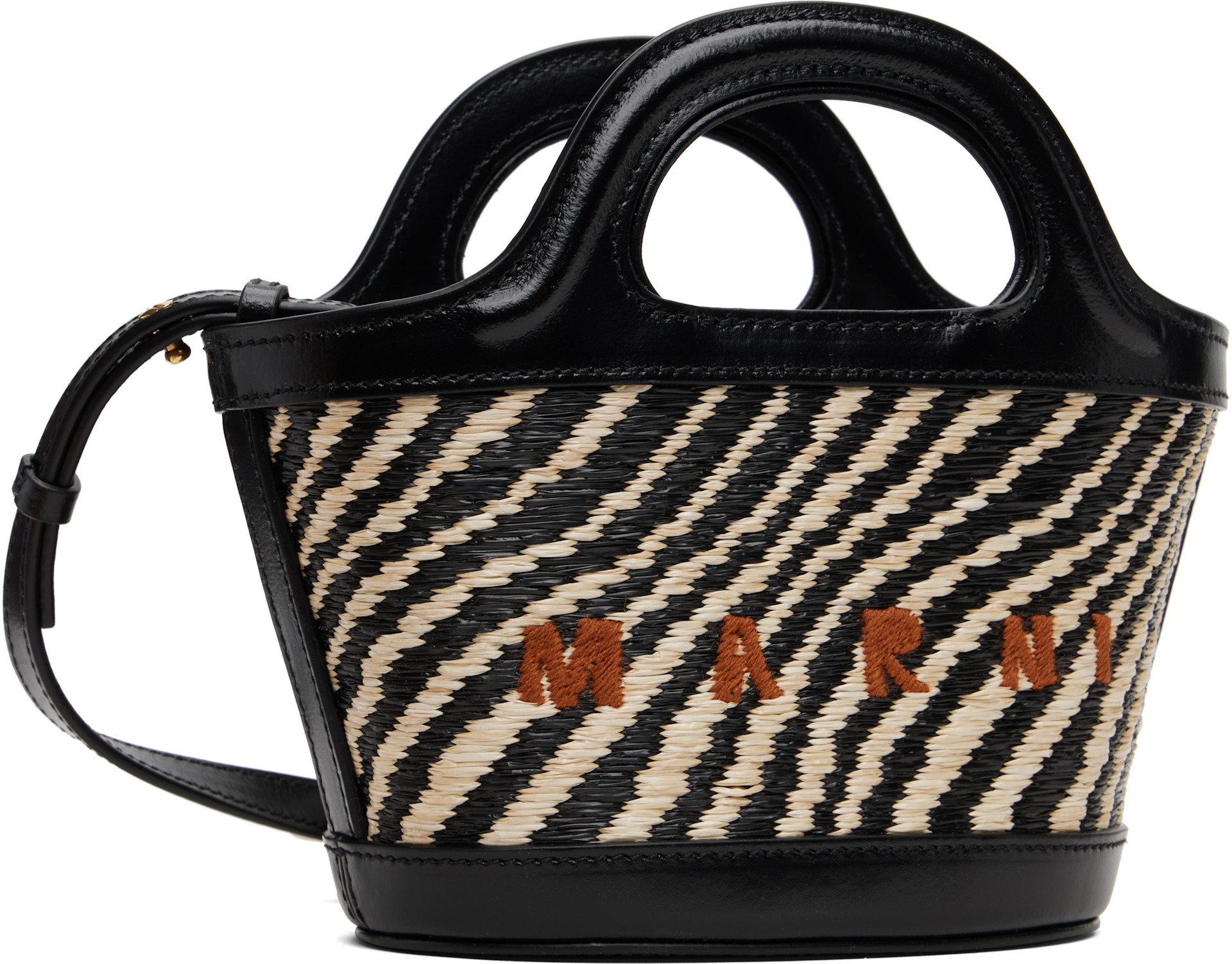 MARNIかごバッグTropicaliaレザートリム マイクロ＆布巾着 Marni: Black & White Wavy Raffia-Effect Tropicalia Micro Tote | SSENSE