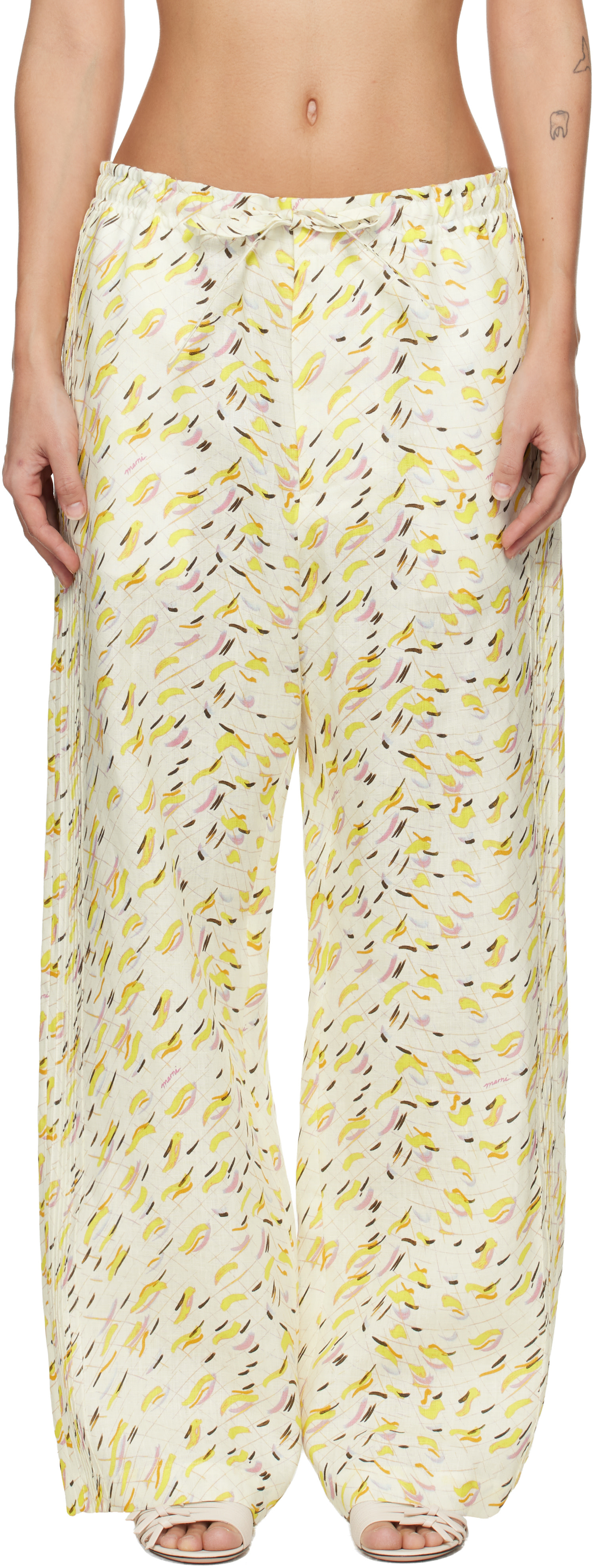 Marni: Yellow Linen 'Brushstroke Wave' Print Trousers | SSENSE