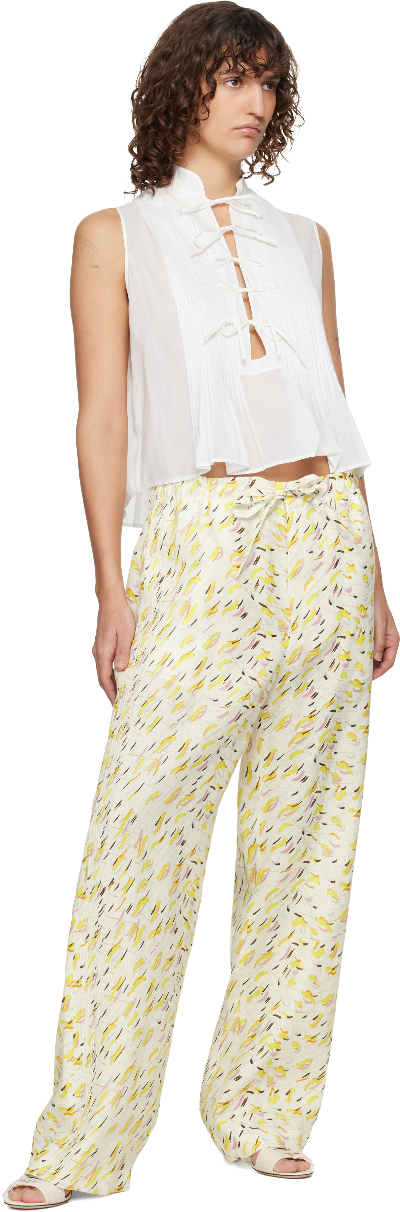 Marni: Yellow Linen 'Brushstroke Wave' Print Trousers | SSENSE
