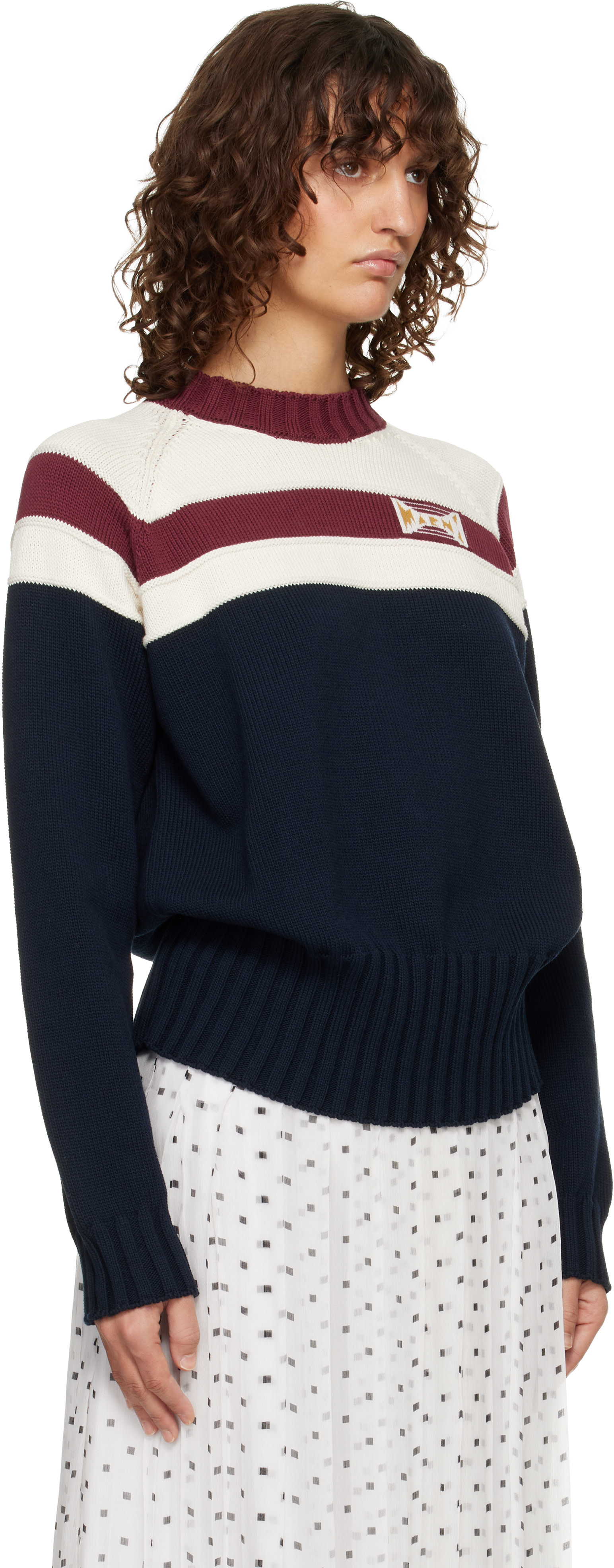 Marni - Pull blanc cassé et bleu marine en coton à rayures