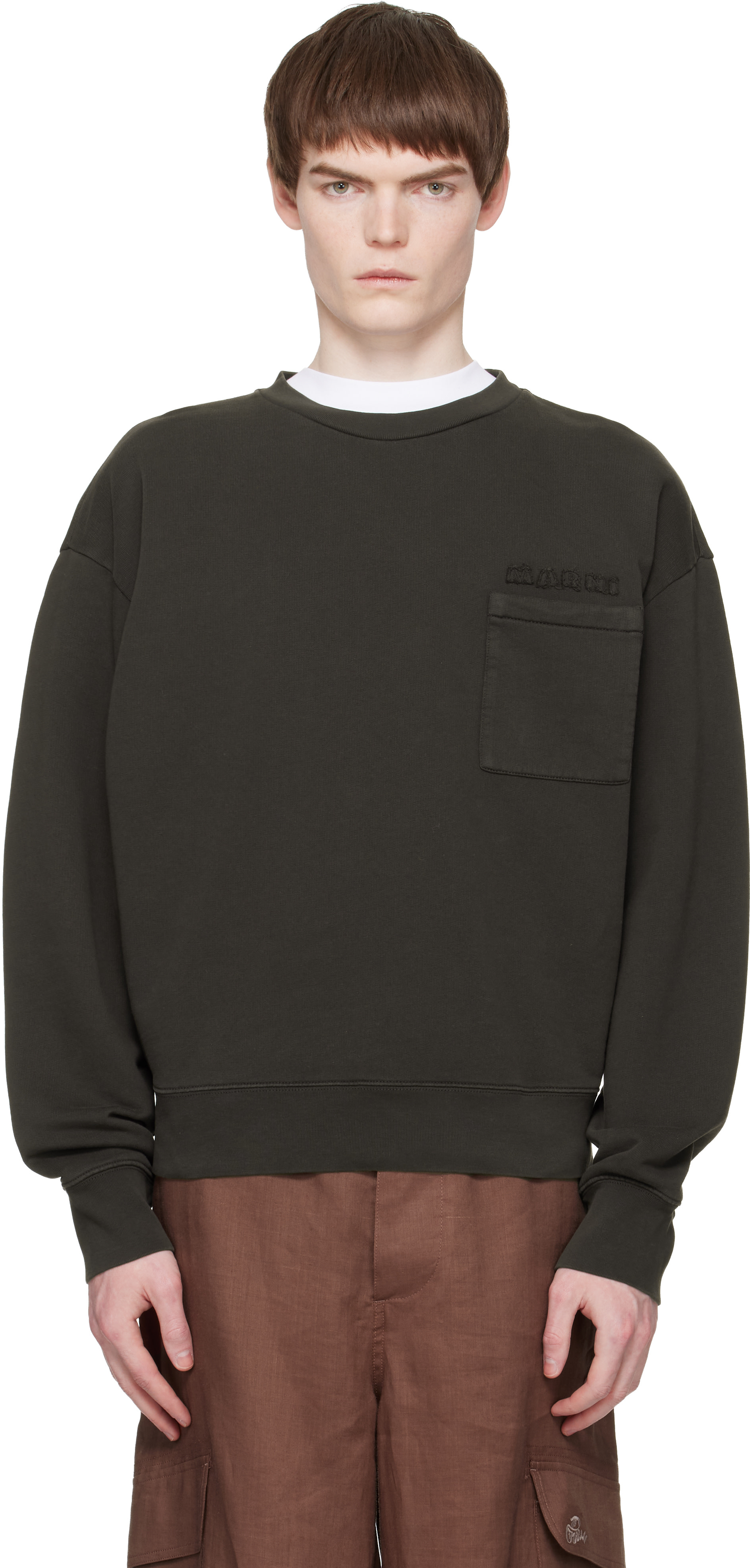 Marni - Pull molletonné brun en coton à appliqués à logo