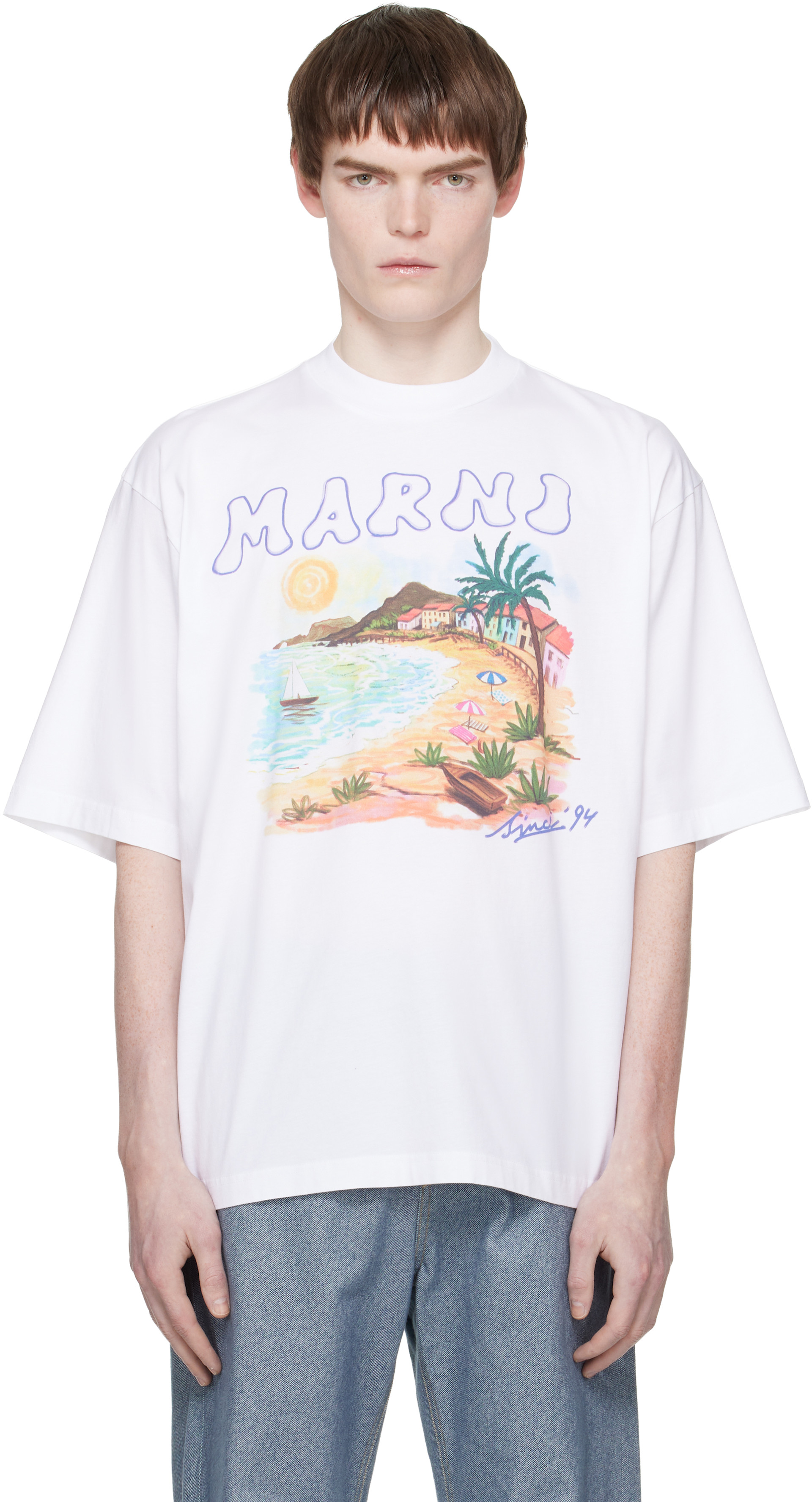 Marni: White Cotton 'Marni Beach Postcard Print' T-shirt | SSENSE