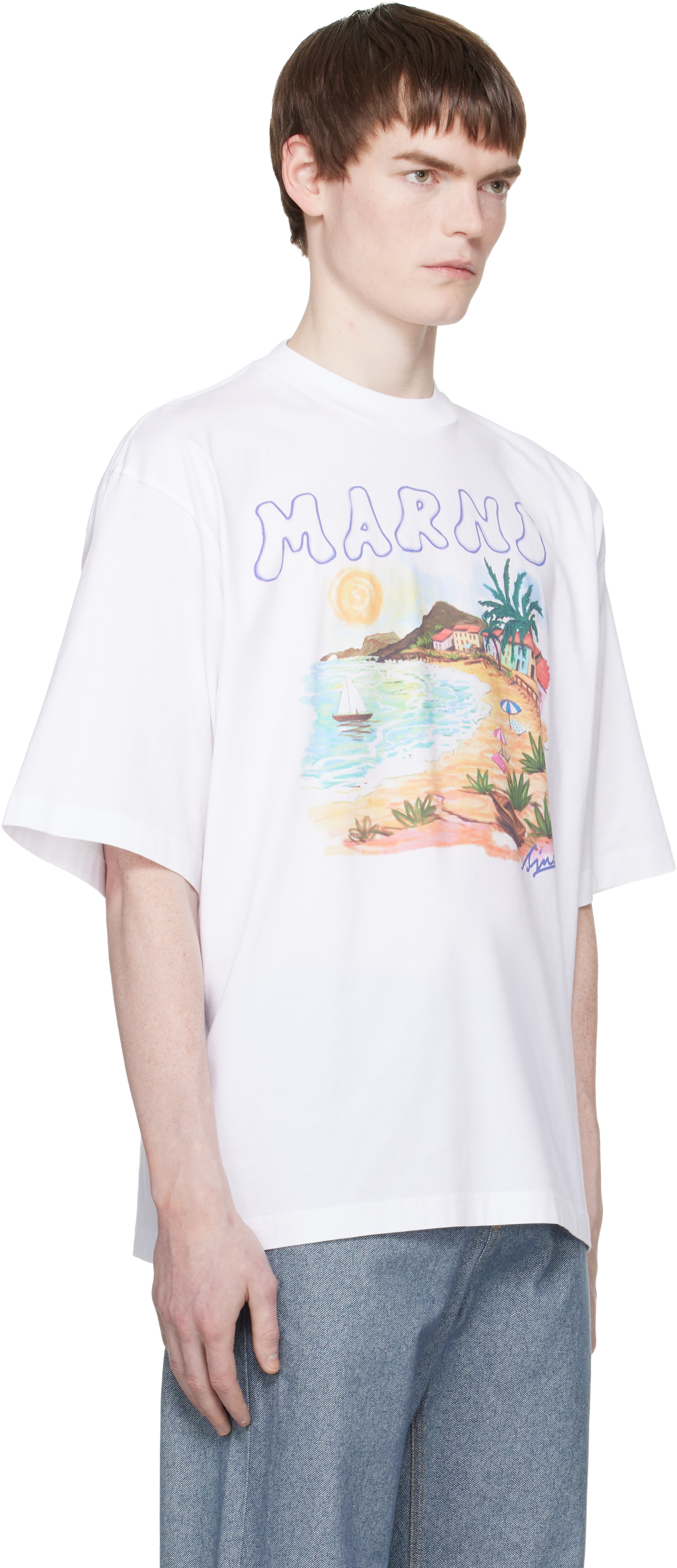 モアナ様☆新品！MARNI 半袖シャツ ホワイト サイズ50 Marni: ホワイト 'Marni Beach Postcard Print' コットン Tシャツ