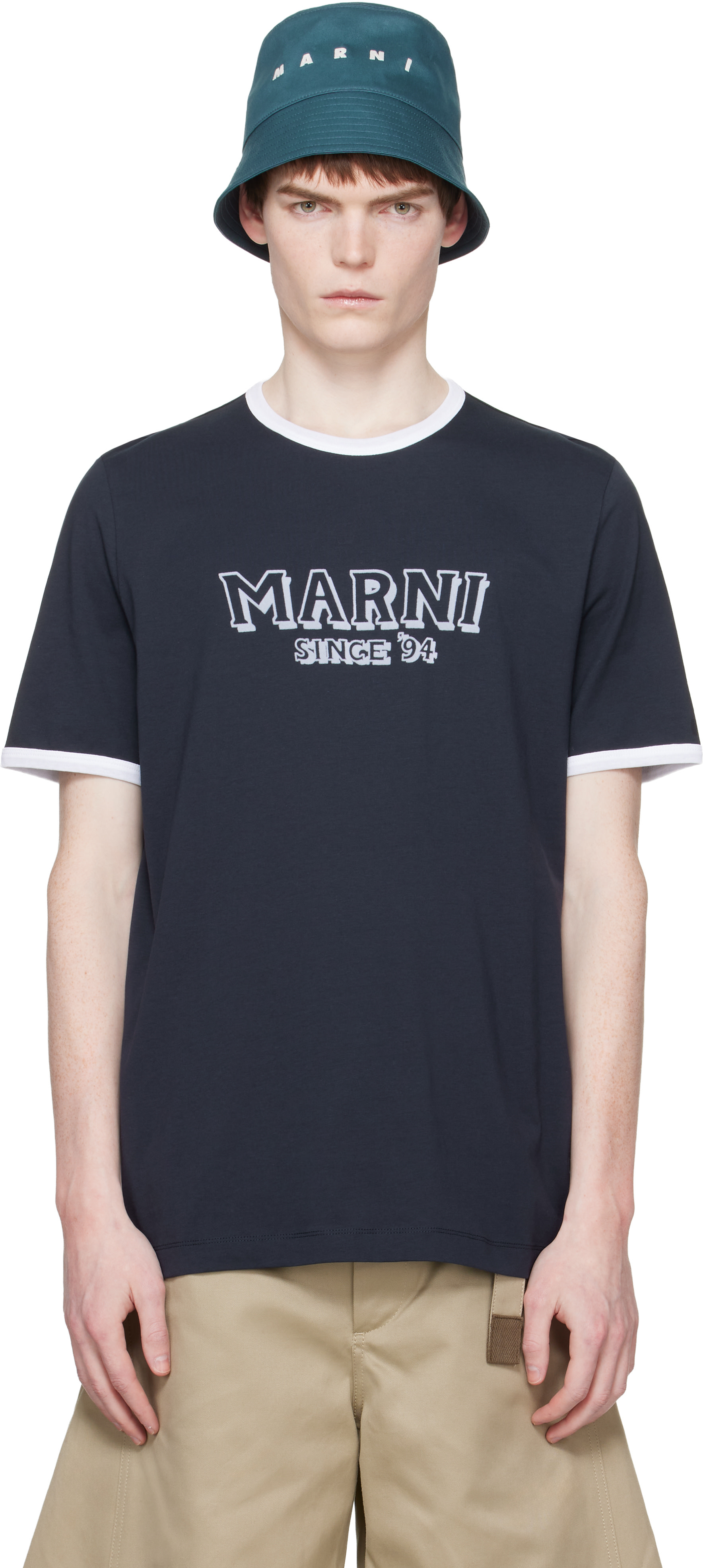Marni: Navy Cotton Contrast Trims T-shirt | SSENSE