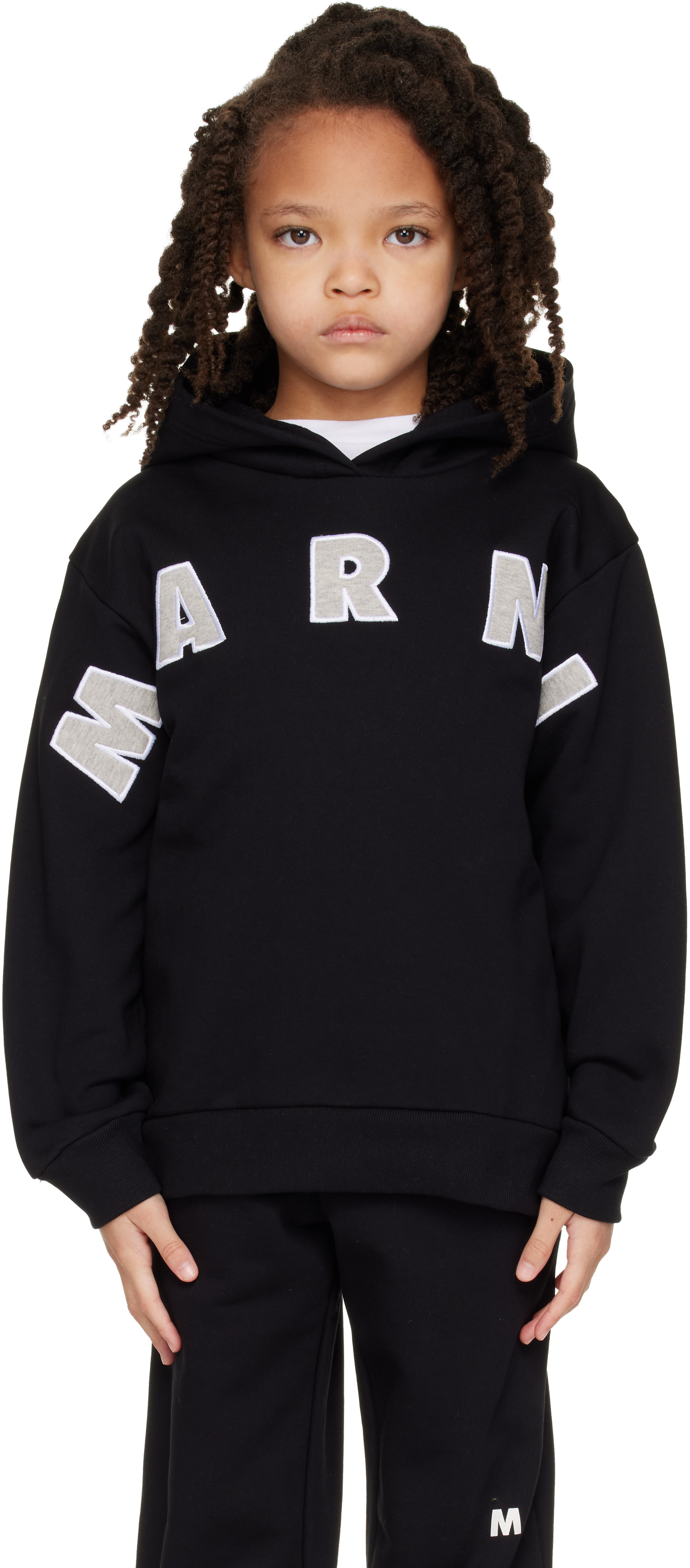Marni - Enfant | Pull à capuche noir à appliqués à logo
