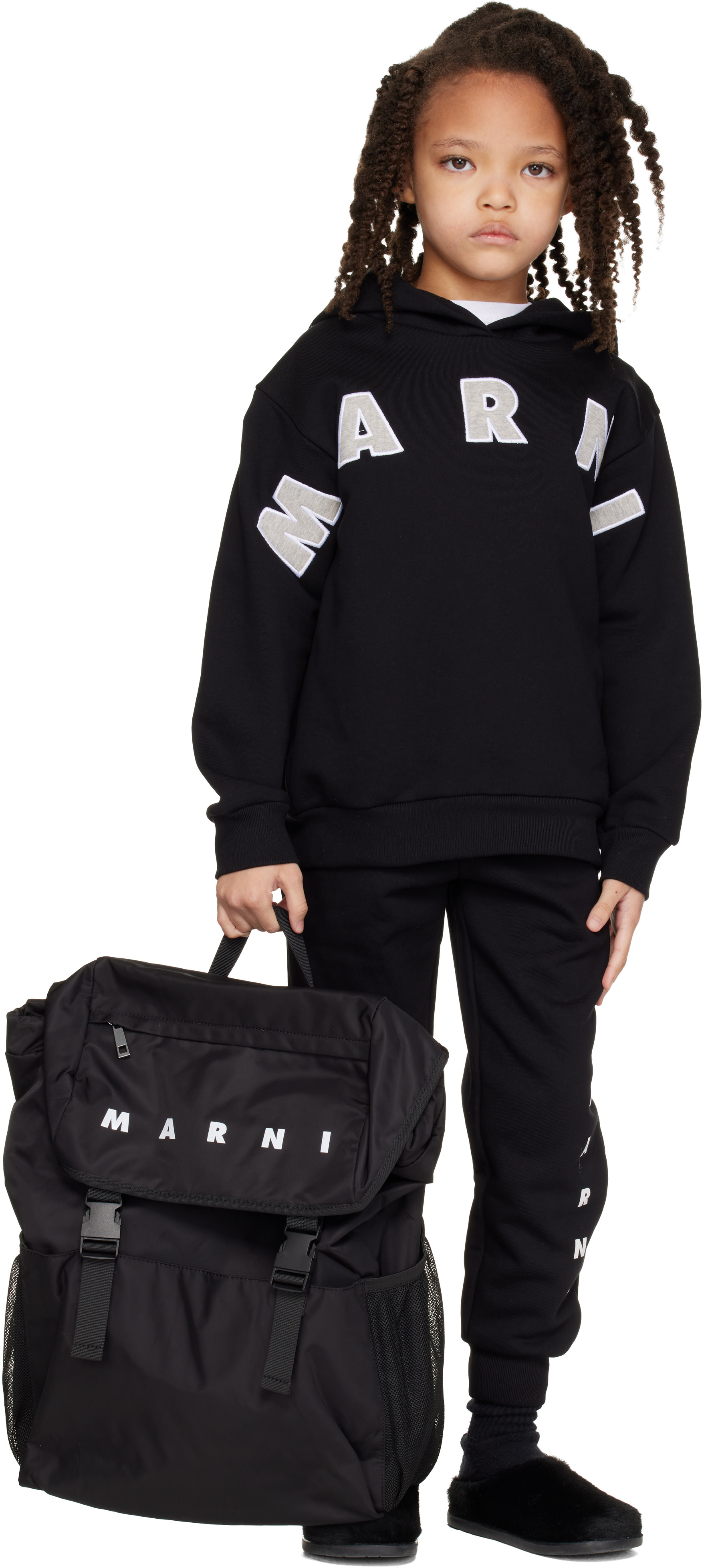 Marni - Enfant | Pull à capuche noir à appliqués à logo