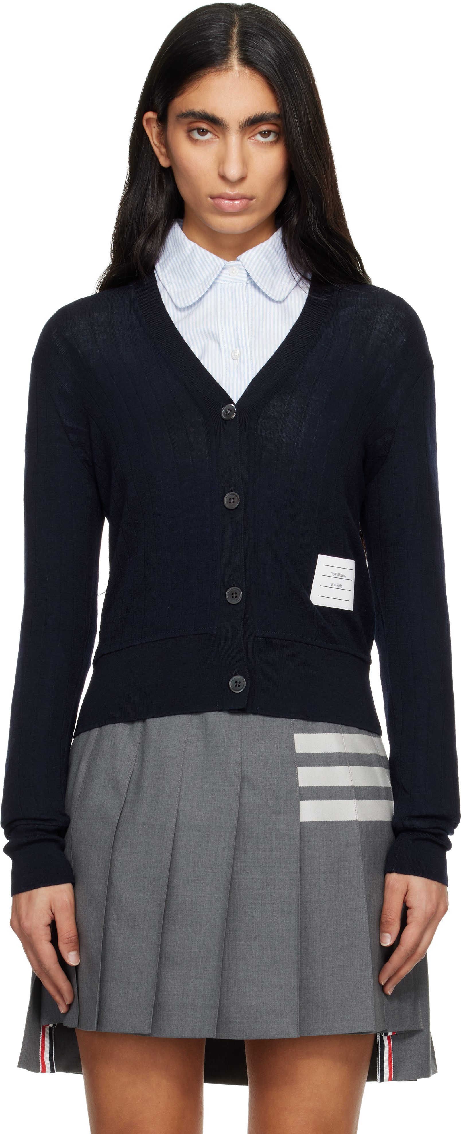 Thom Browne: Navy Wide Wool Rib V-Neck Cardigan | SSENSE