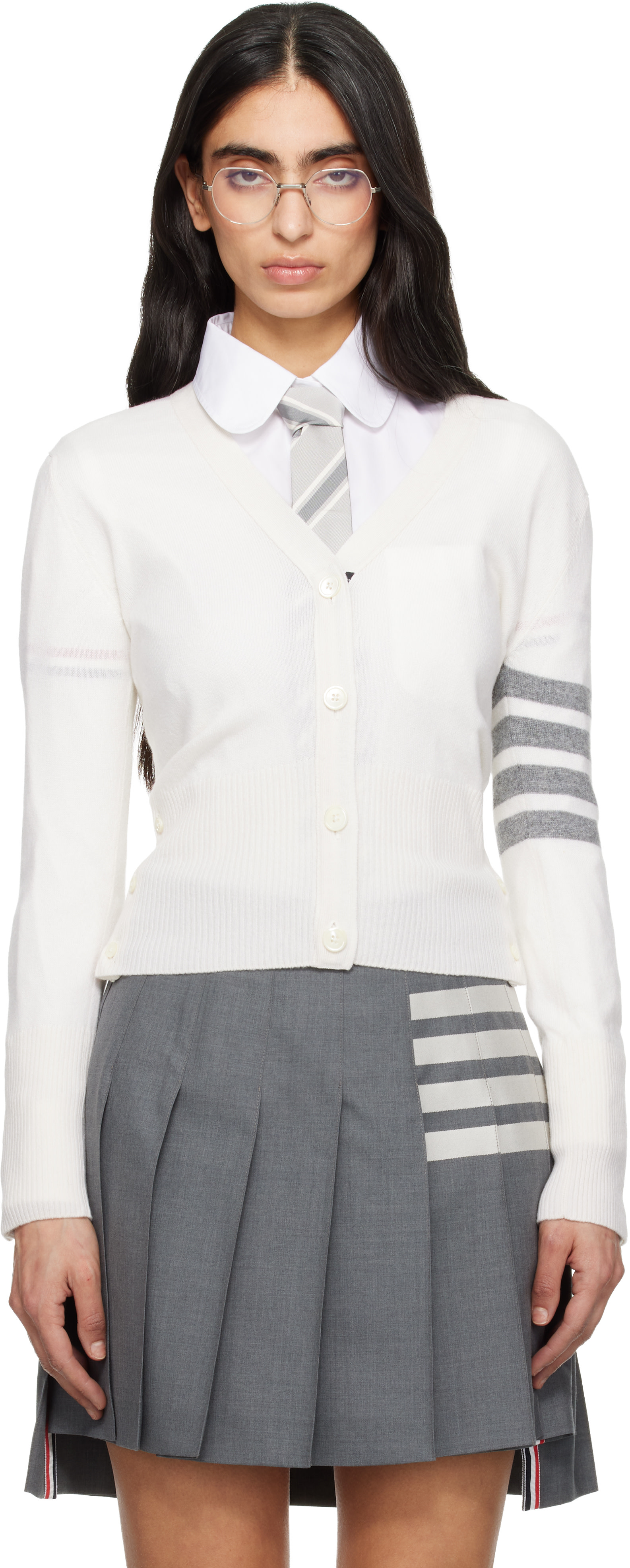 Thom Browne: ホワイト Classic Cashmere 4-Bar Vネックカーディガン