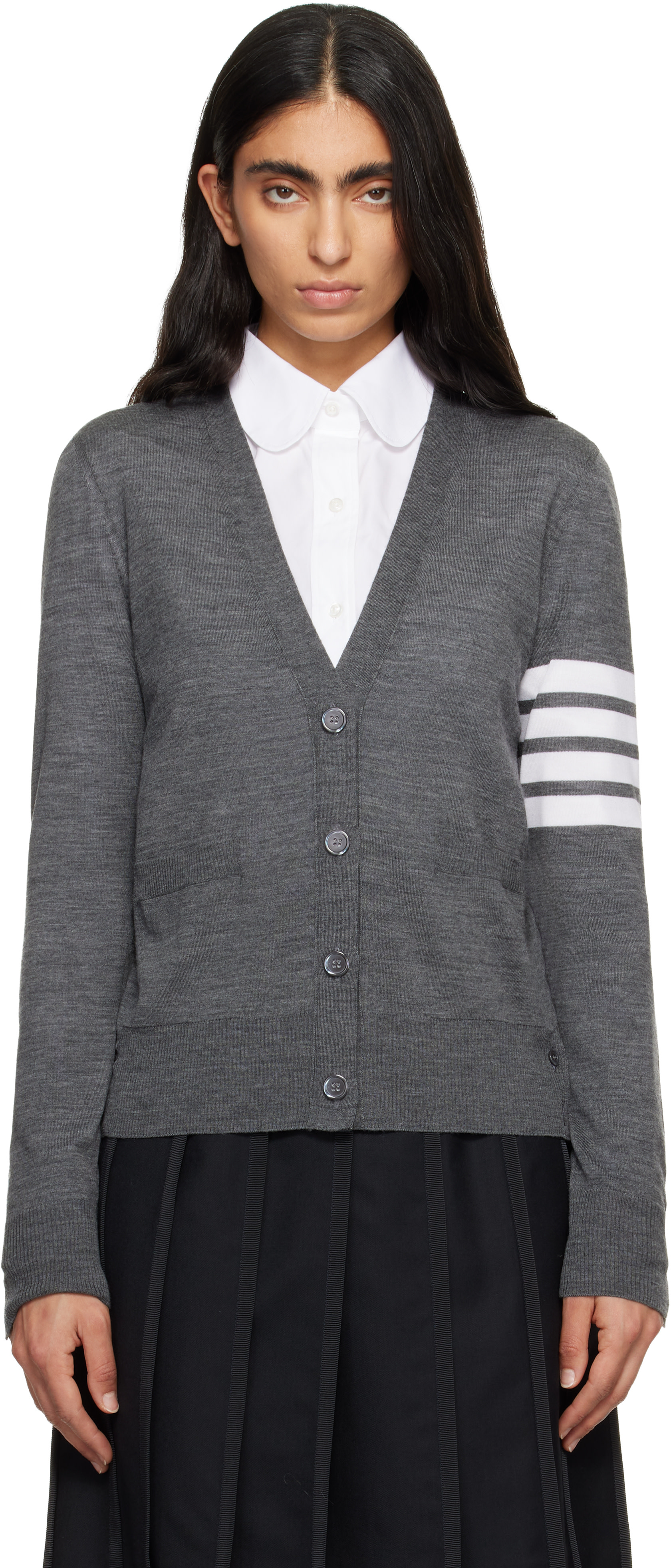 Thom Browne: Gray Merino Wool 4-Bar Relaxed Fit V-Neck Cardigan