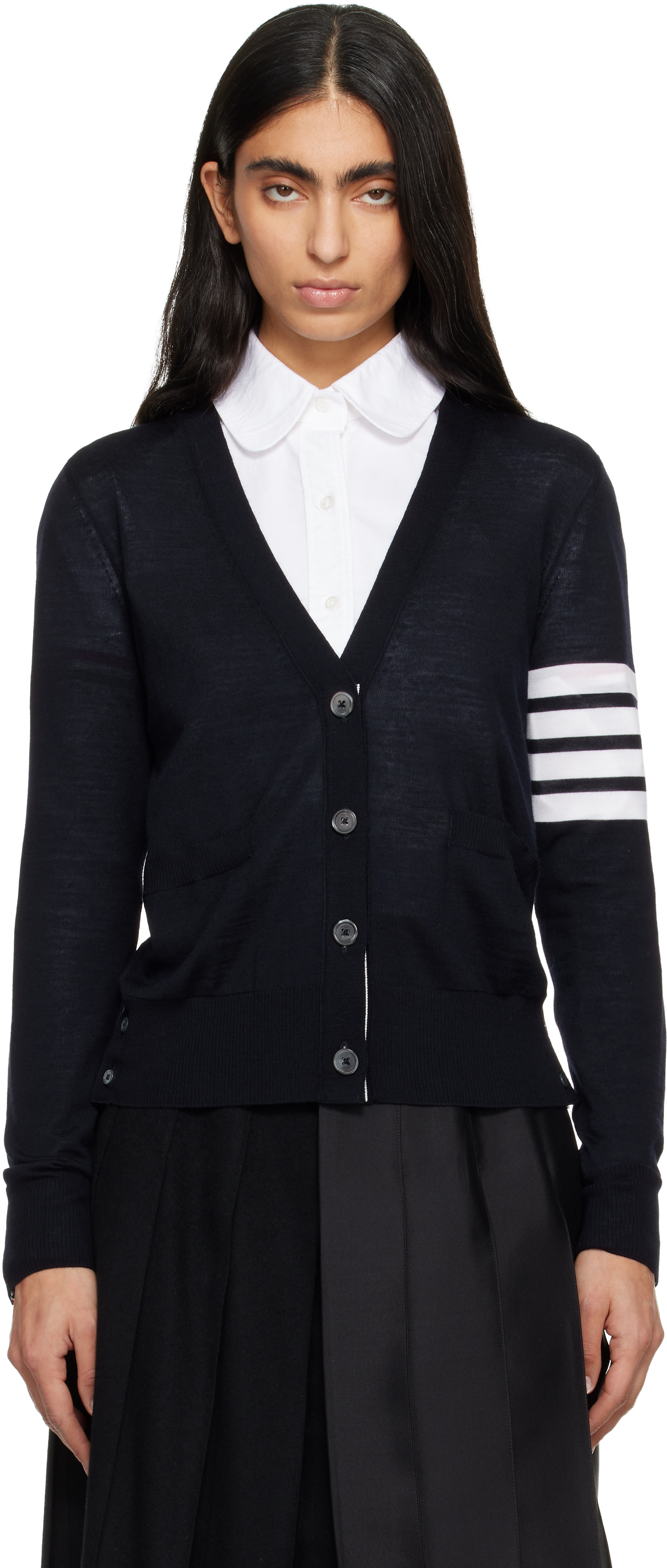 Thom Browne: Navy Merino Wool 4-Bar Relaxed Fit V-Neck Cardigan