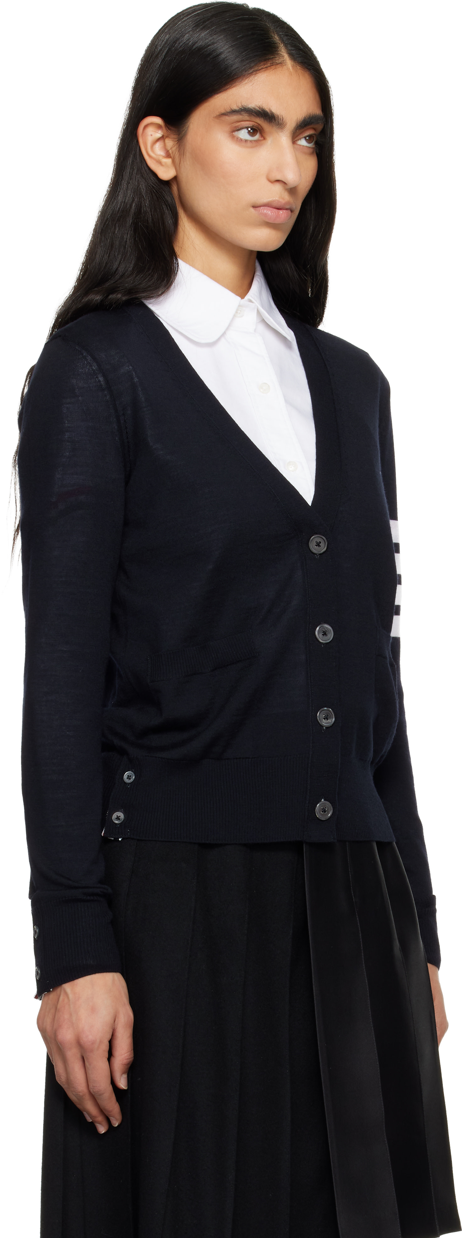 Thom Browne: Navy Merino Wool 4-Bar Relaxed Fit V-Neck Cardigan