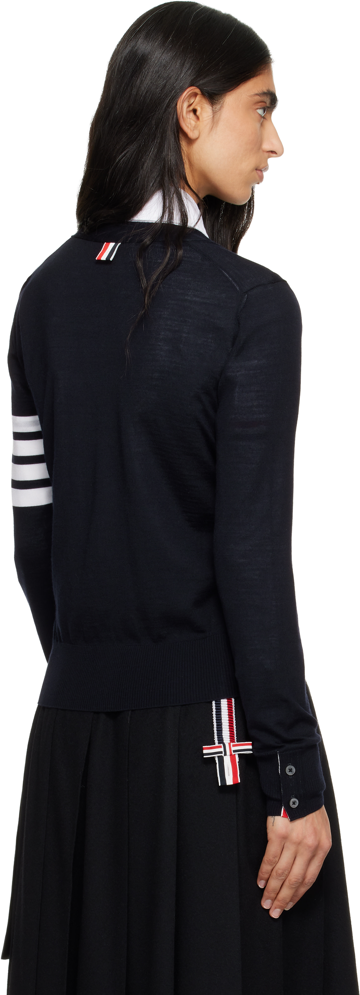 Thom Browne: Navy Merino Wool 4-Bar Relaxed Fit V-Neck Cardigan
