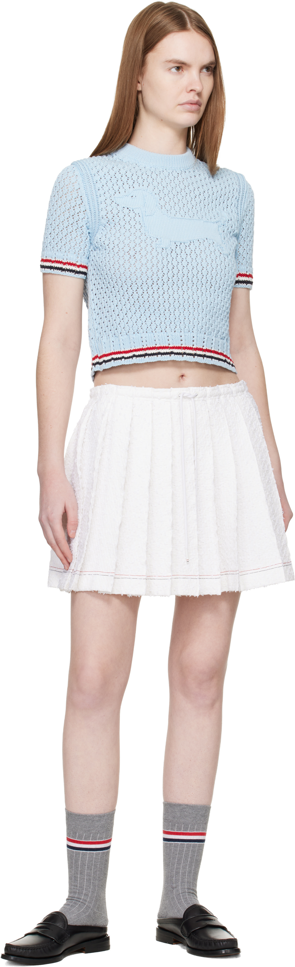 Thom Browne - Pull RWB bleu en pointelle de coton à logo Hector