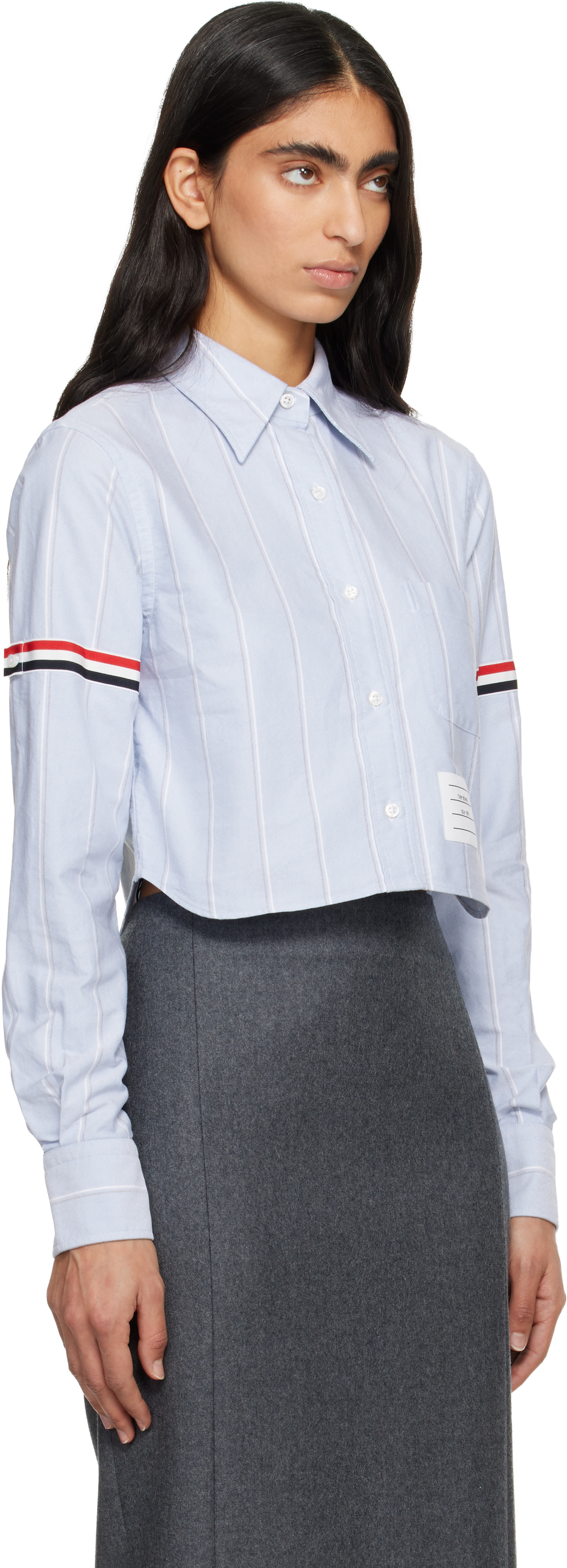 THOM BROWNE Cropped Oxford Shirt In Stripe Print, Navy, IT 40 (6) THOM BROWNE Cropped Oxford Shirt In Stripe Print, Navy, IT 40 (6)