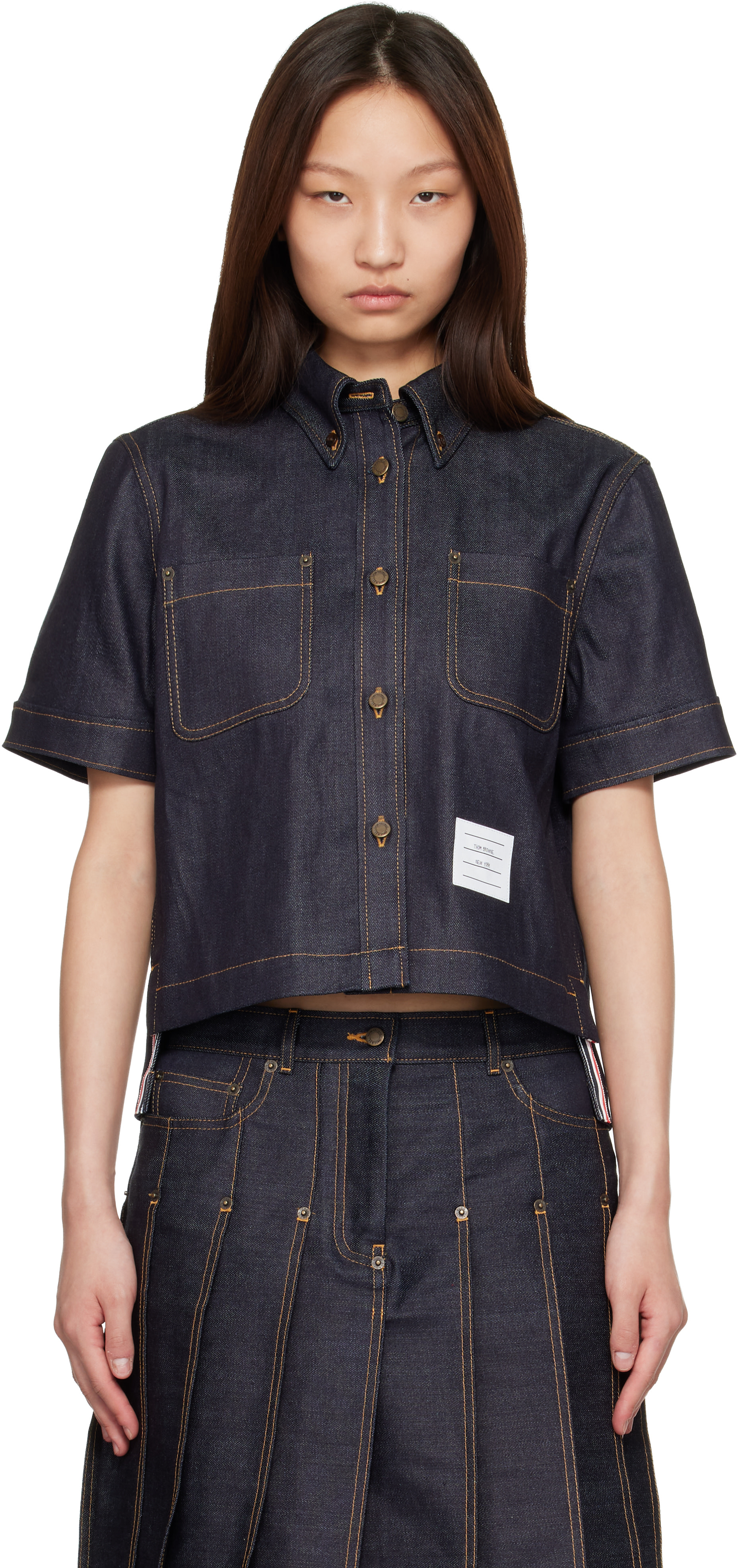 Thom Browne: ネイビー Straight Hem Button Down Point Collar デニム