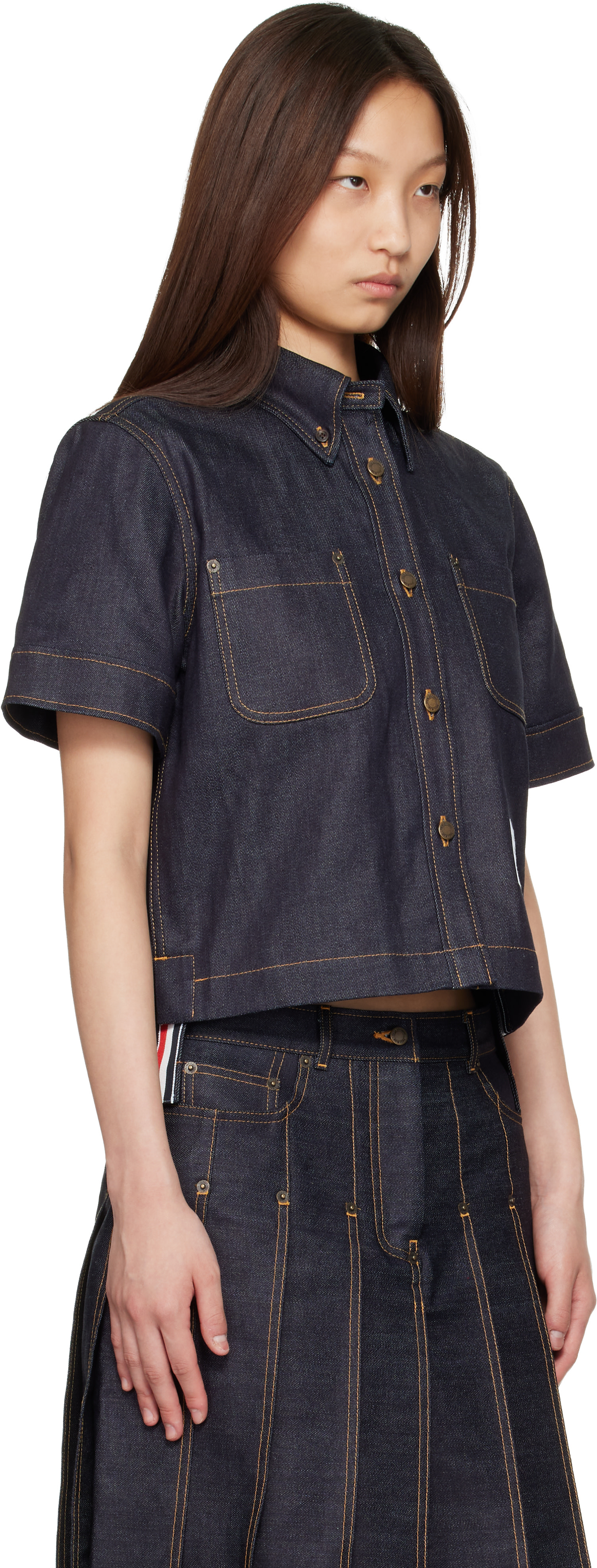 Thom Browne: Navy Straight Hem Button Down Point Collar Denim
