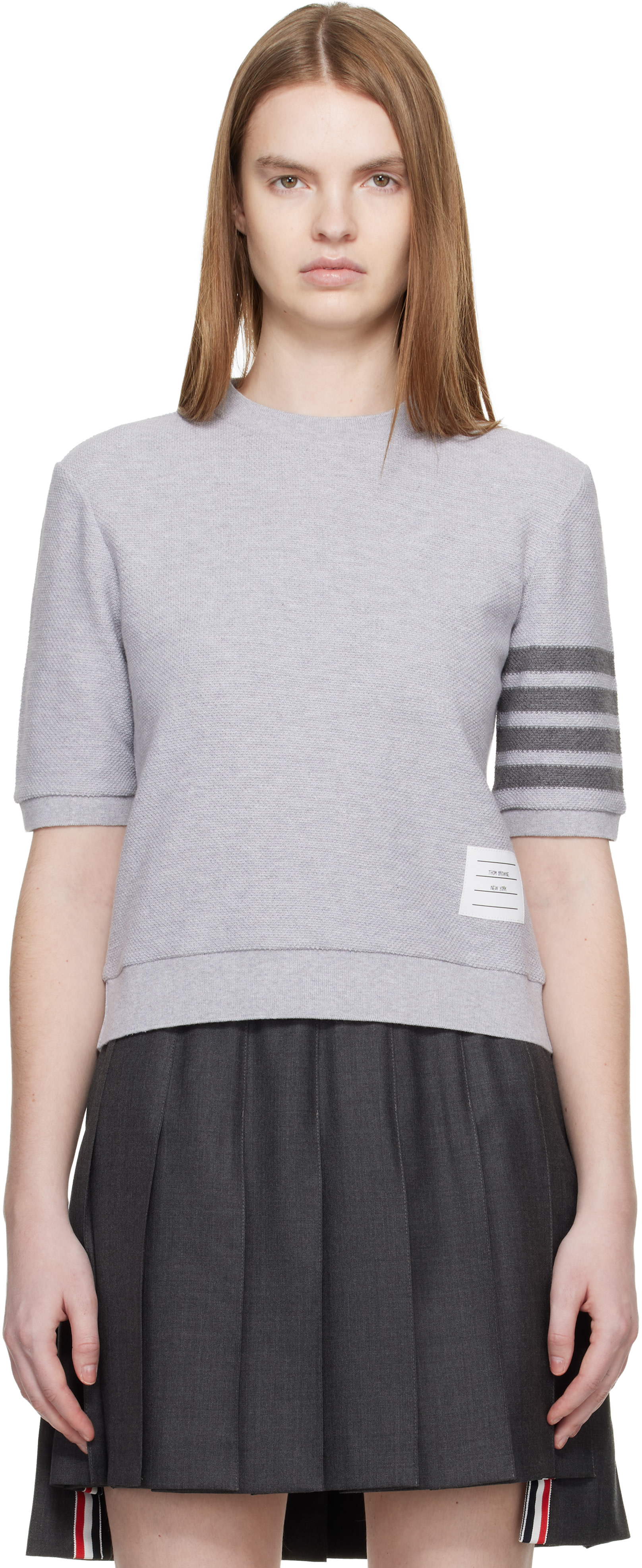 Thom Browne: Gray Textured Cotton Pique 4-Bar T-shirt | SSENSE