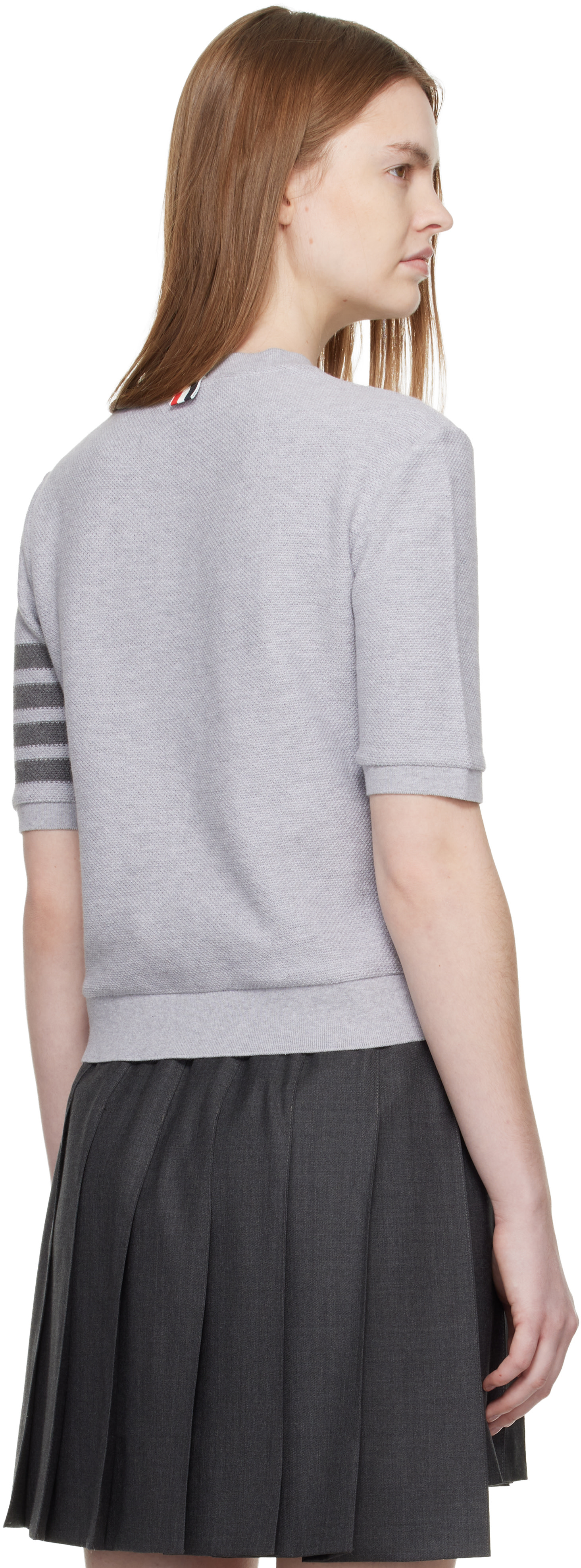 Thom Browne: Gray Textured Cotton Pique 4-Bar T-shirt | SSENSE