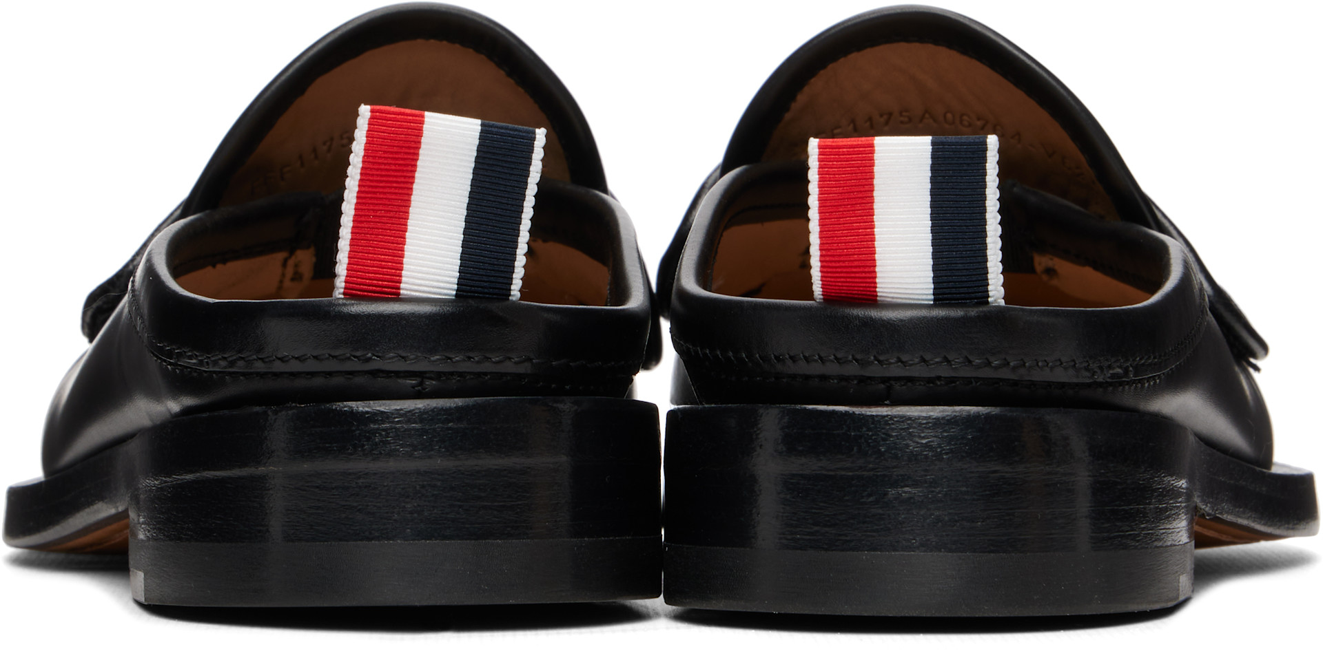 Thom Browne: Black Calf Flexible Leather Mule Penny Loafers | SSENSE