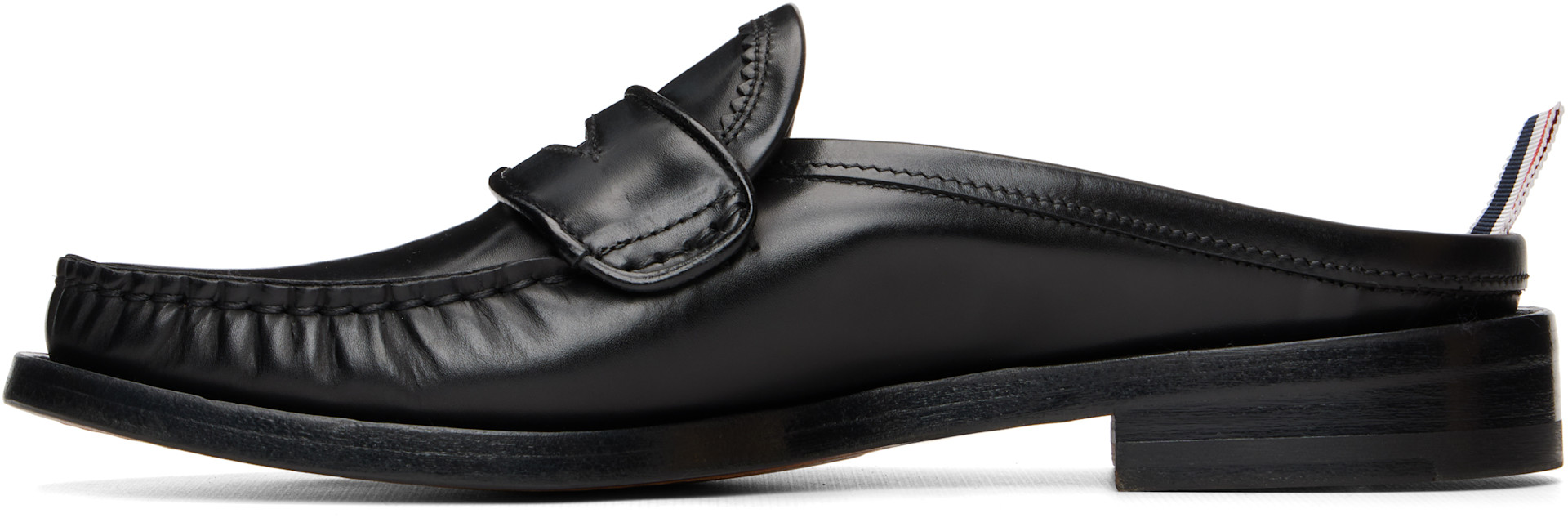 Thom Browne: Black Calf Flexible Leather Mule Penny Loafers | SSENSE