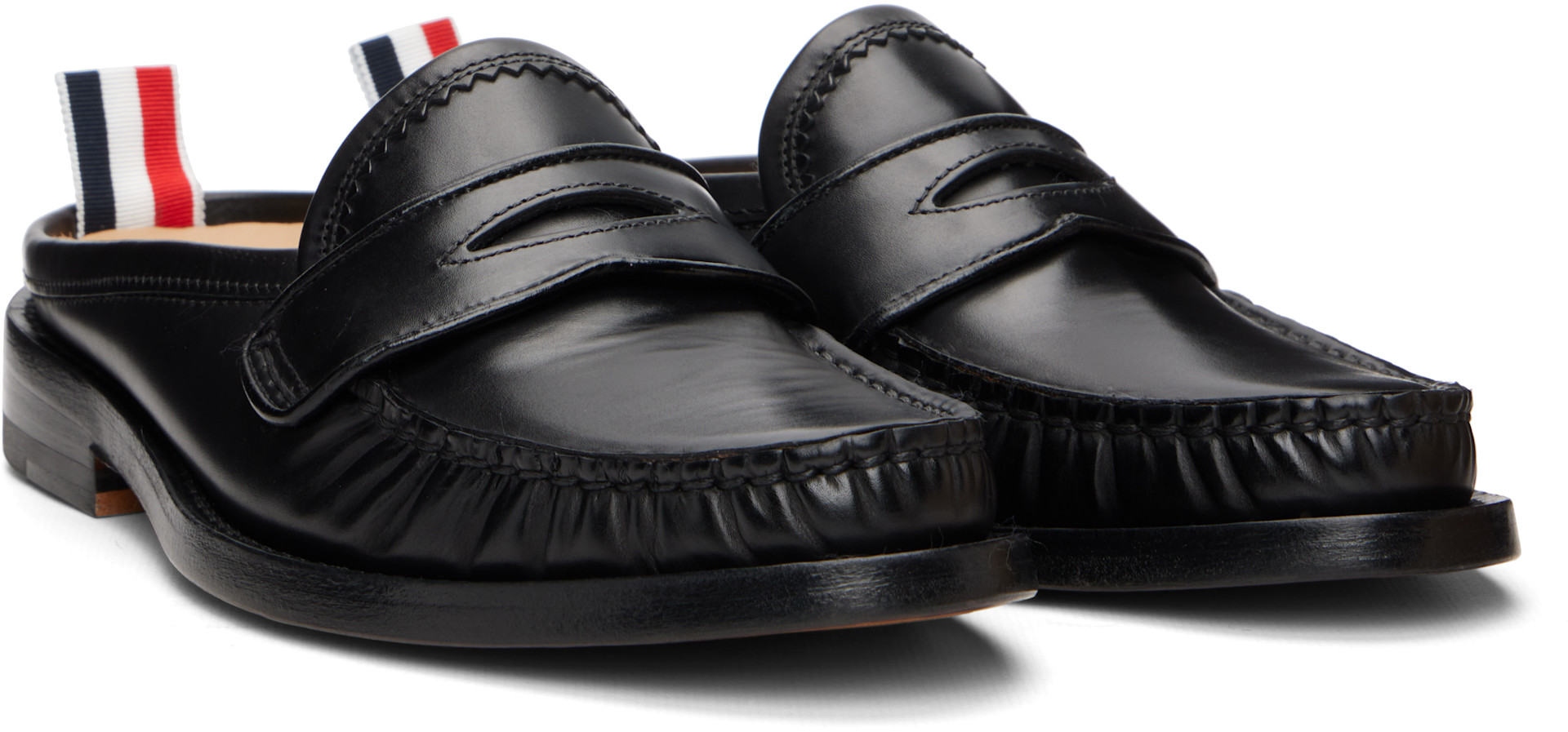 Thom Browne: Black Calf Flexible Leather Mule Penny Loafers | SSENSE
