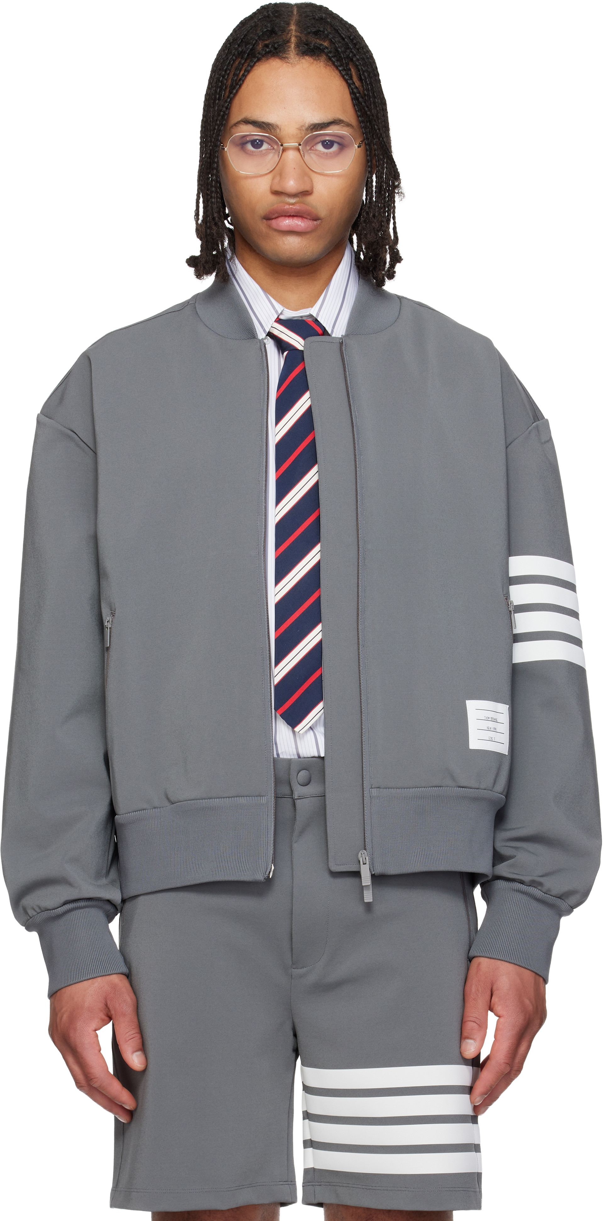 Thom Browne: Gray 4-Bar Tech Bomber Jacket | SSENSE Argentina