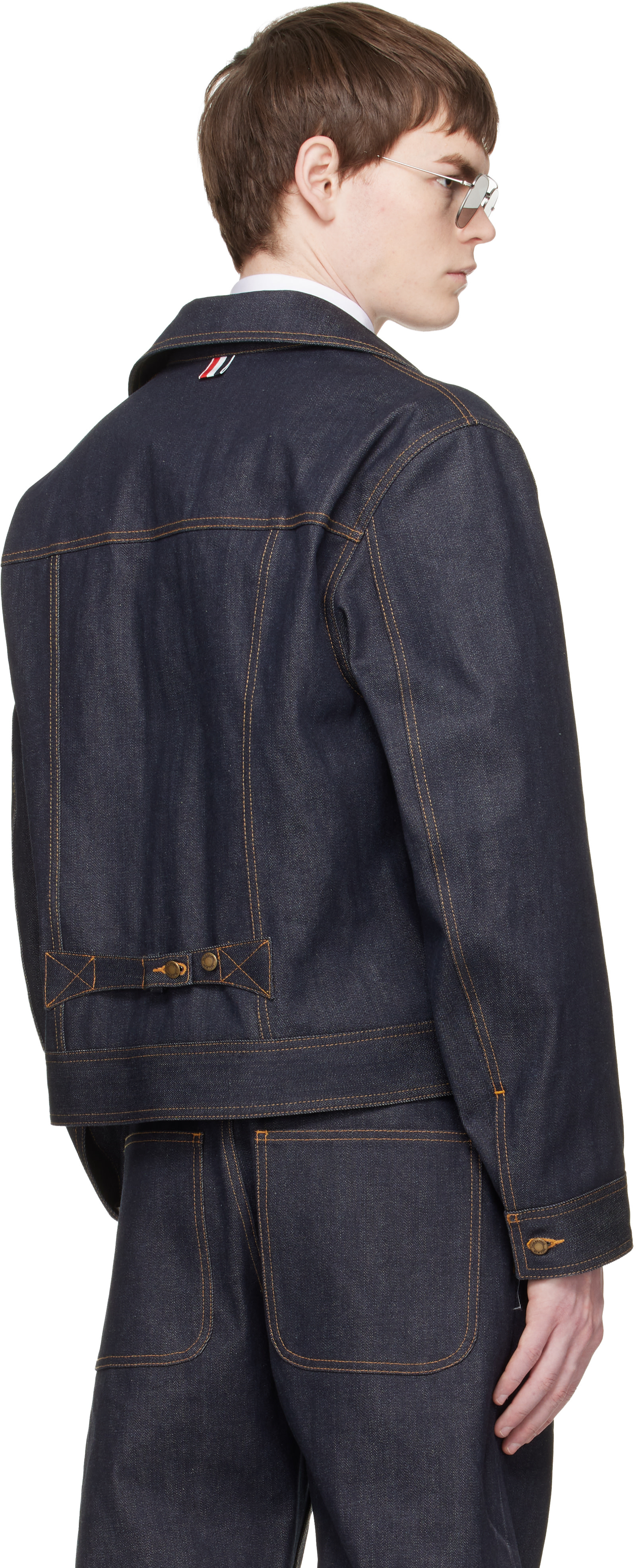 Thom Browne: Navy Selvedge Denim Backstrap Utility Jacket | SSENSE Thom Browne: Navy Selvedge Denim Backstrap Utility Jacket | SSENSE