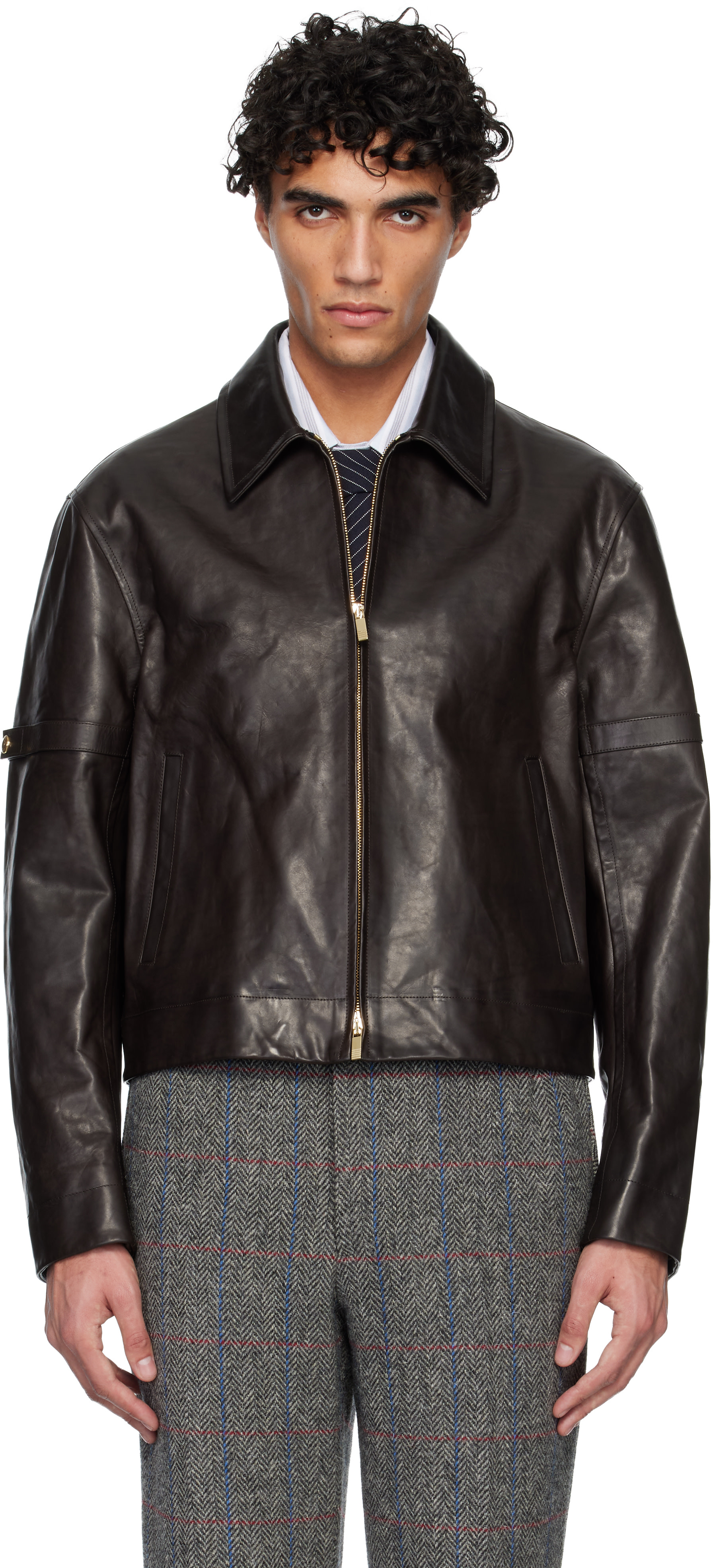Thom Browne: Brown Zip Front Armband Leather Jacket | SSENSE