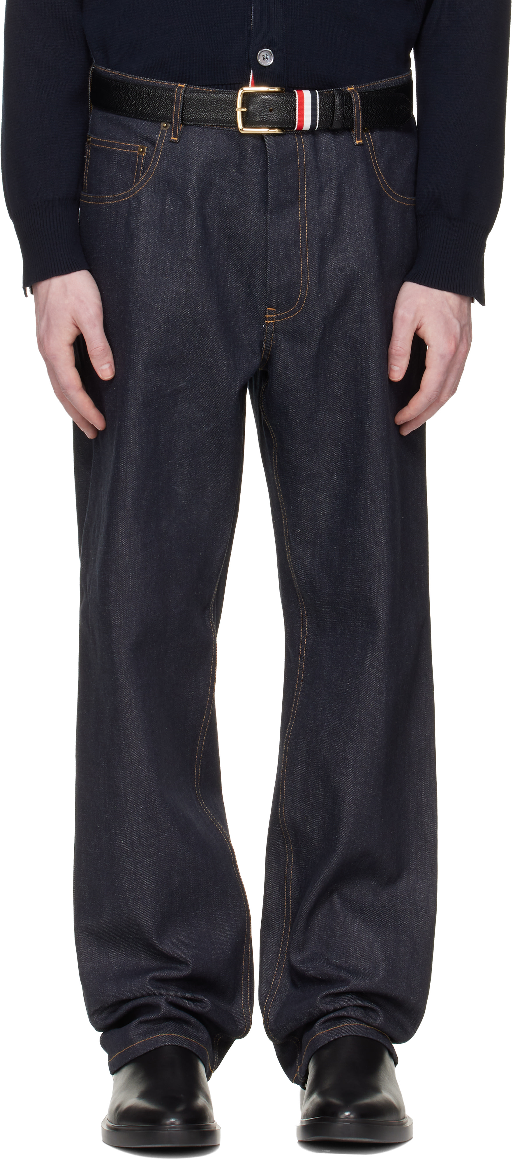 Thom Browne: Navy Selvedge Denim 5-Pocket Jeans | SSENSE