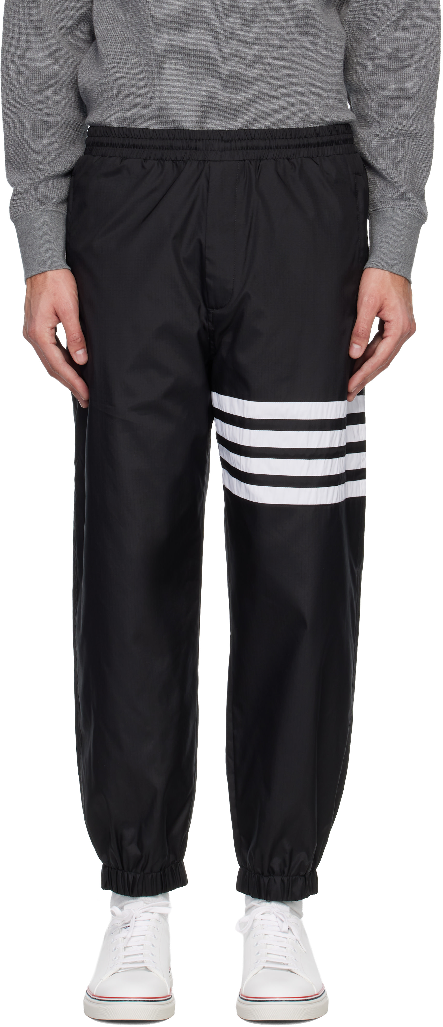 THOM BROWNE ４BAR ブラックマフラー Thom Browne: Black Shiny Ripstop 4-Bar Track Pants | SSENSE