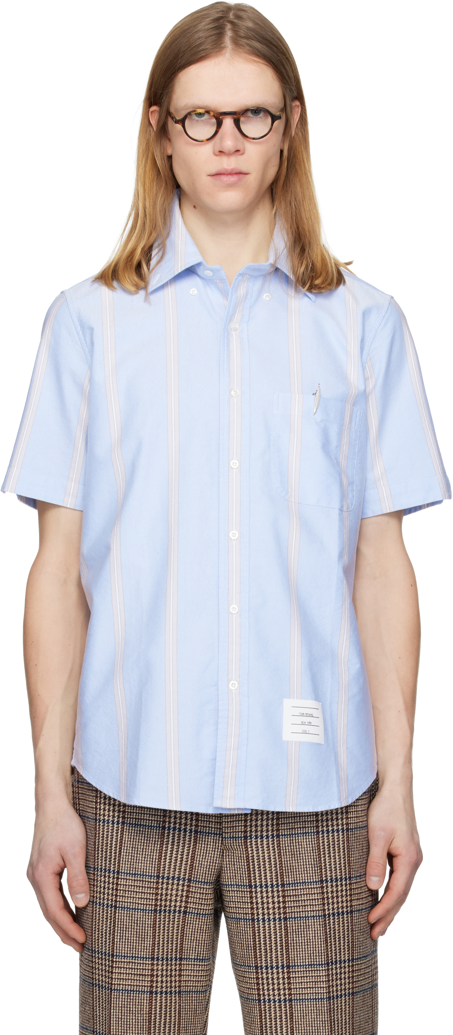 Thom Browne: ブルー Straight Fit School Stripe 半袖シャツ | SSENSE 