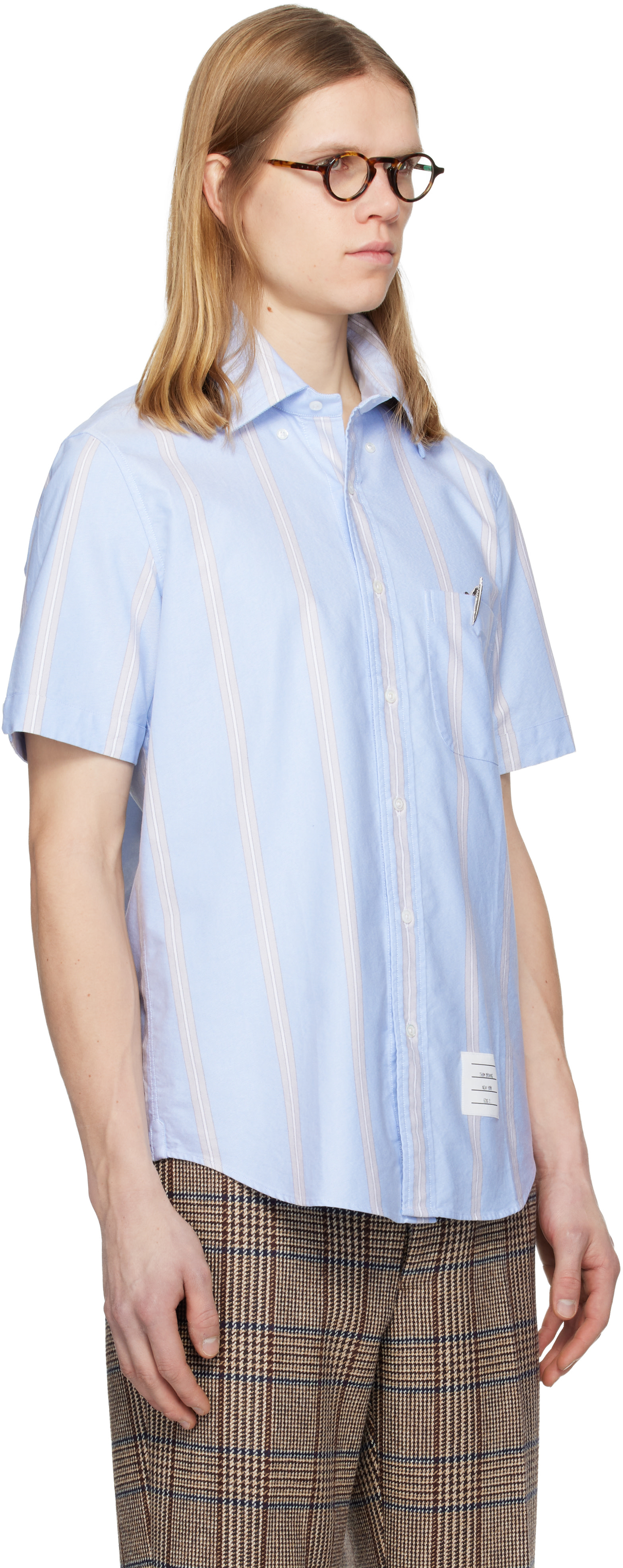 Thom Browne: Blue Straight Fit School Stripe Short Sleeve Shirt