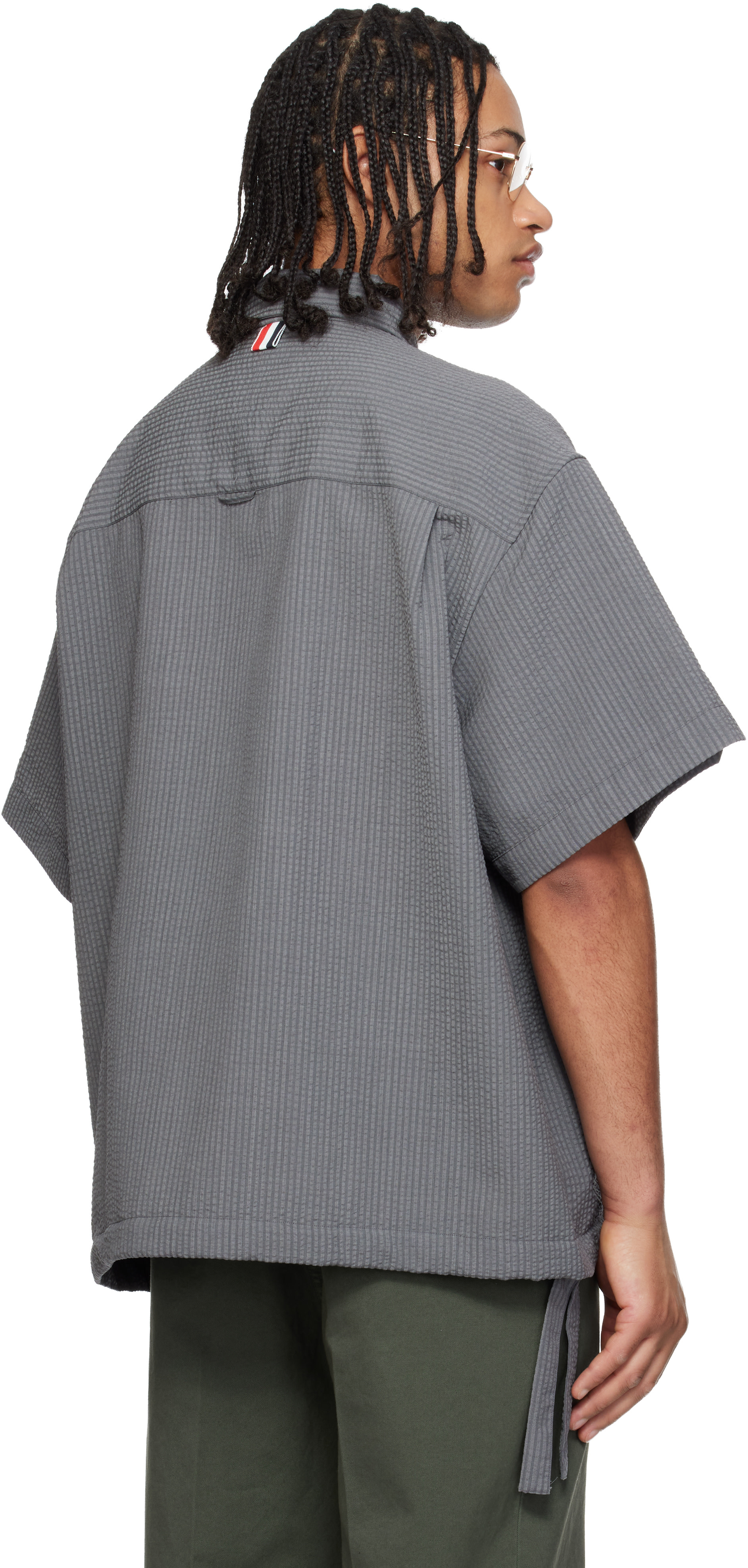 THOM BROWNE 半袖ニットシャツ グレー 2 美品 Thom Browne: Gray S/S Track Shirt Flap Pockets Wool Shirt | SSENSE