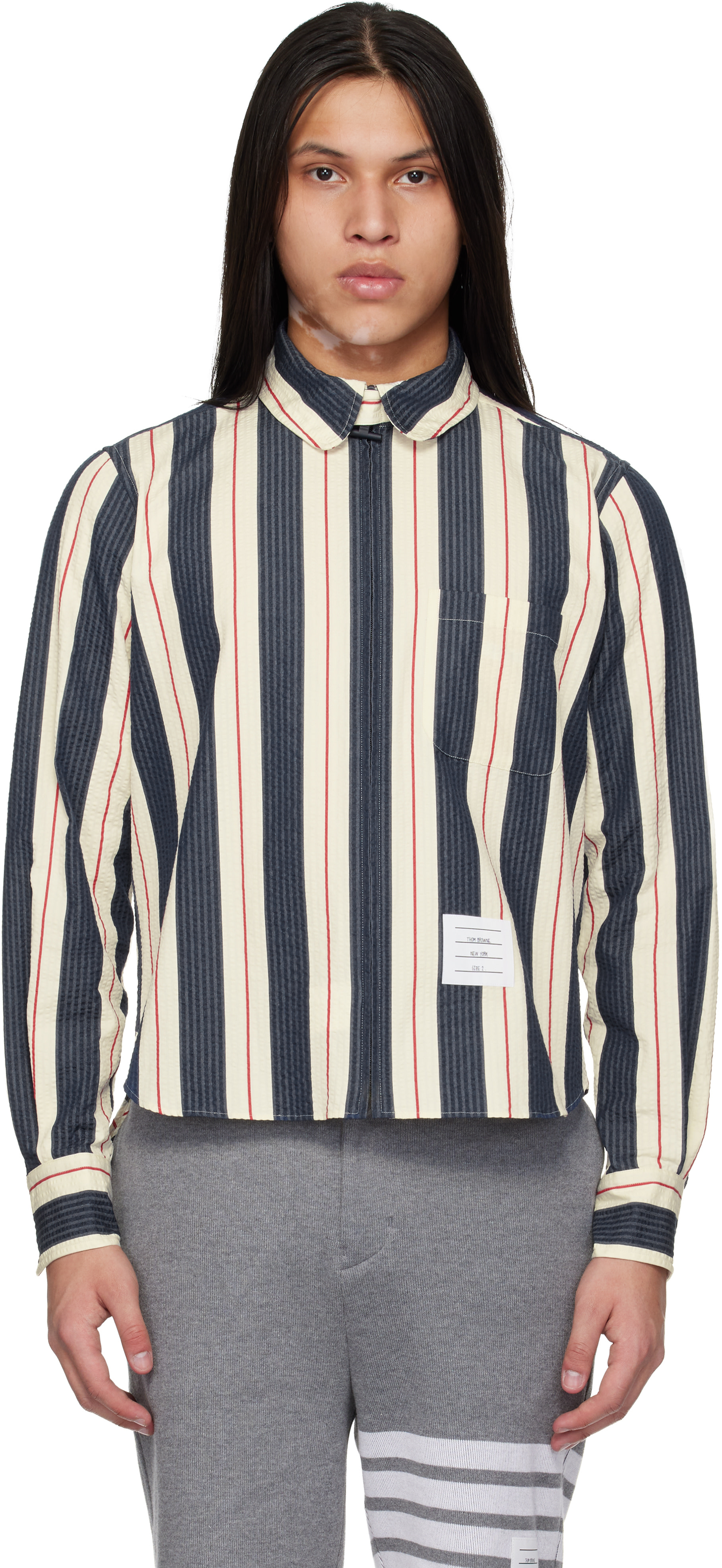 Thom Browne: Navy & White Stripe Seersucker Zip Shirt | SSENSE