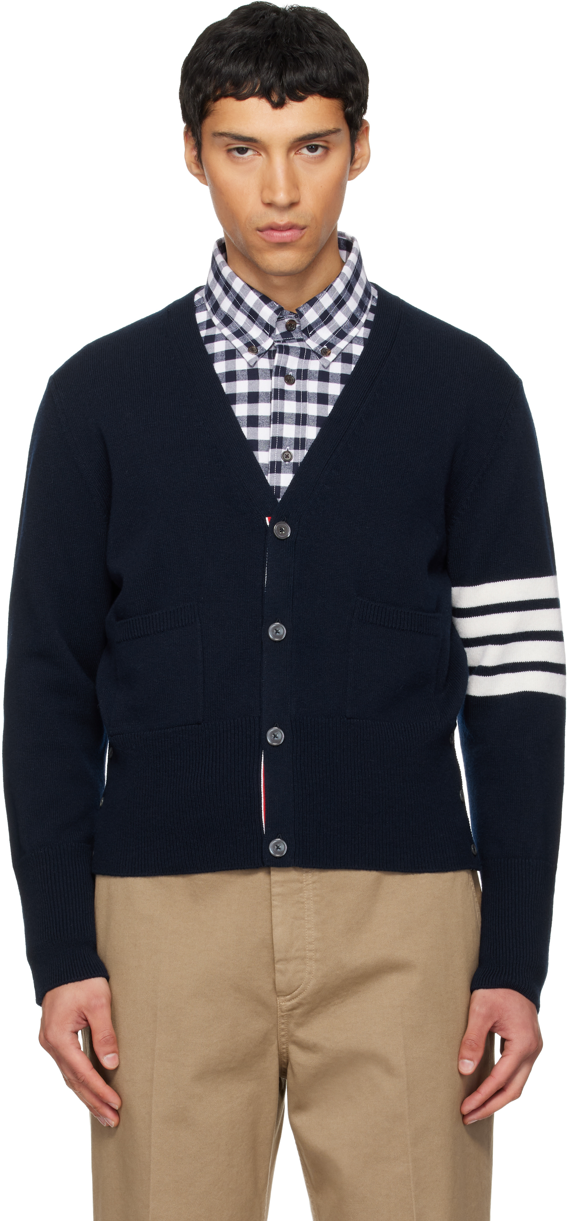 Thom Browne: Navy Intarsia Horse Merino Wool 4-Bar Cardigan | SSENSE