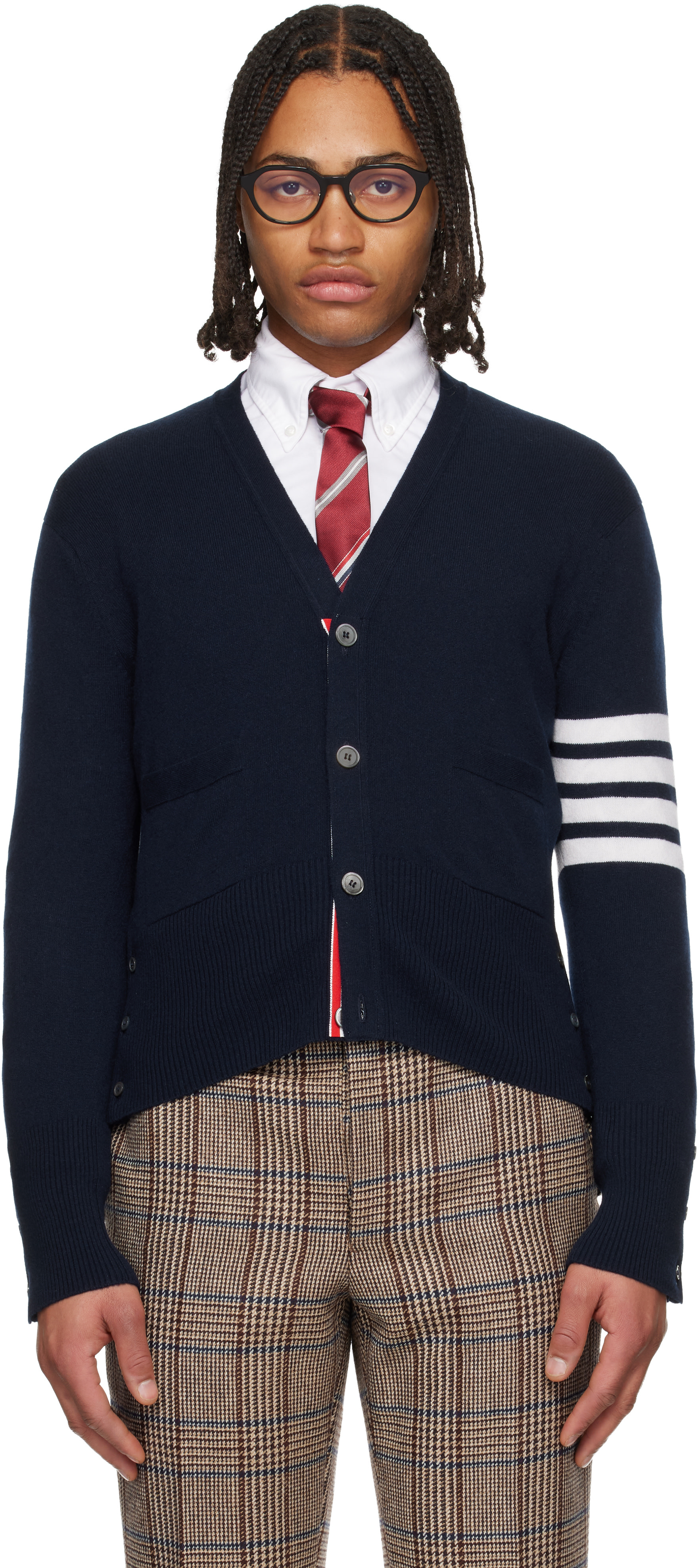 Thom Browne: Navy Classic Cashmere 4-Bar V-Neck Cardigan | SSENSE